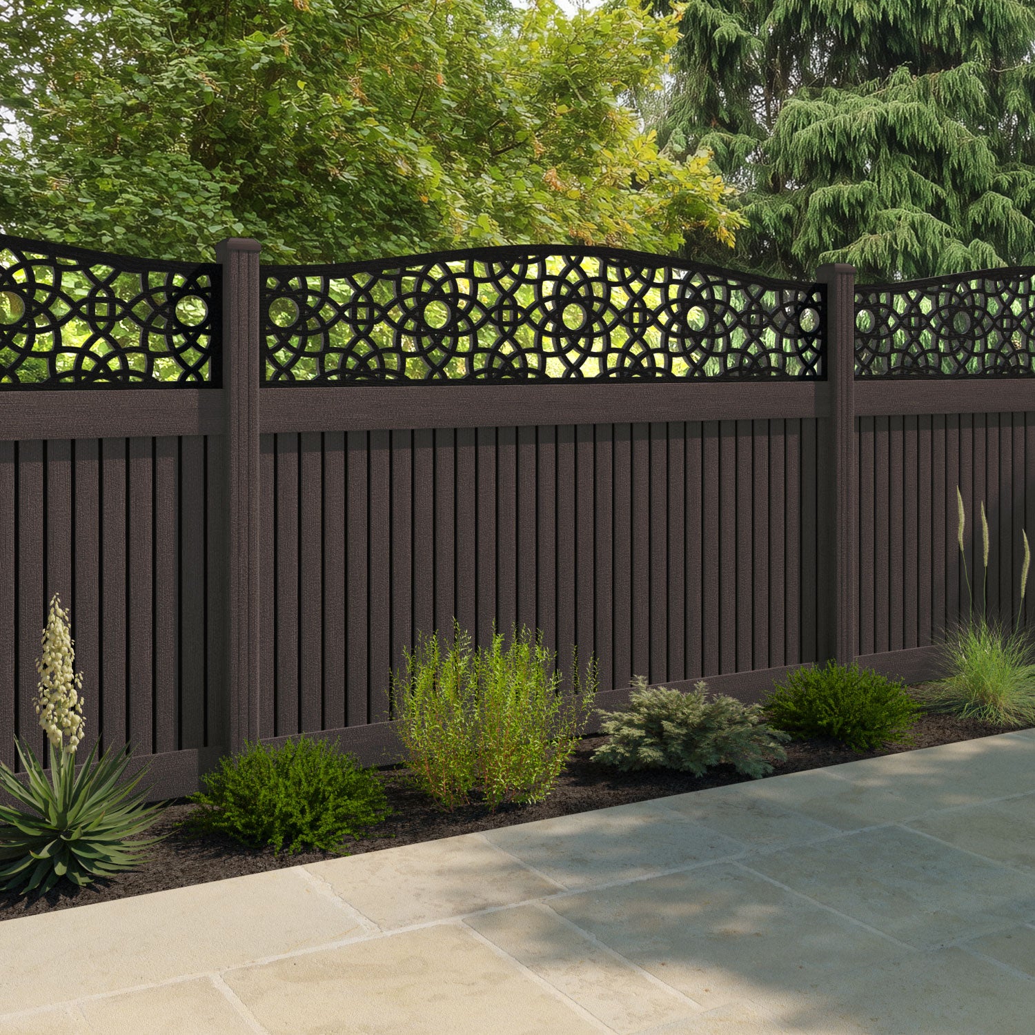 Virtis Ambar Curved Top Fence Panel - Mid Brown - with our composite posts