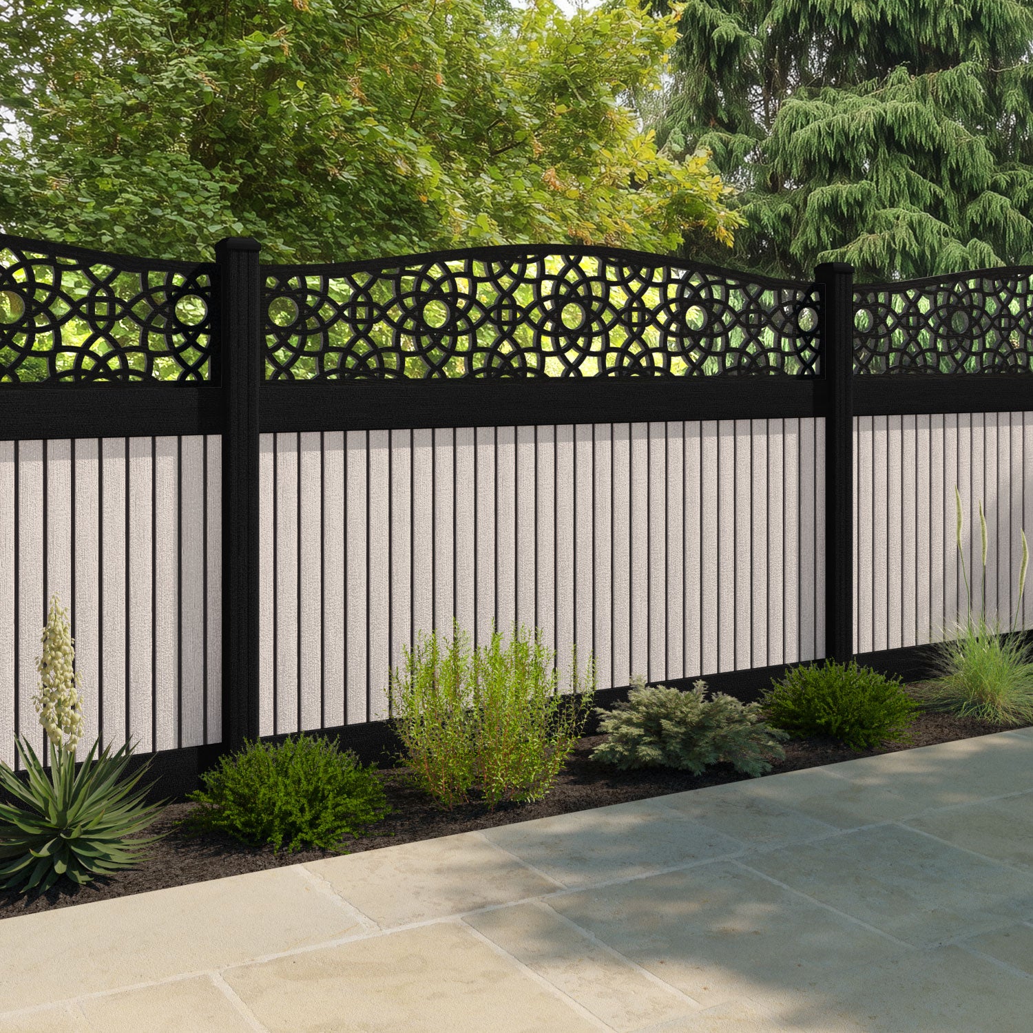 Virtis Ambar Curved Top Fence Panel - Mid Stone - with our aluminium posts