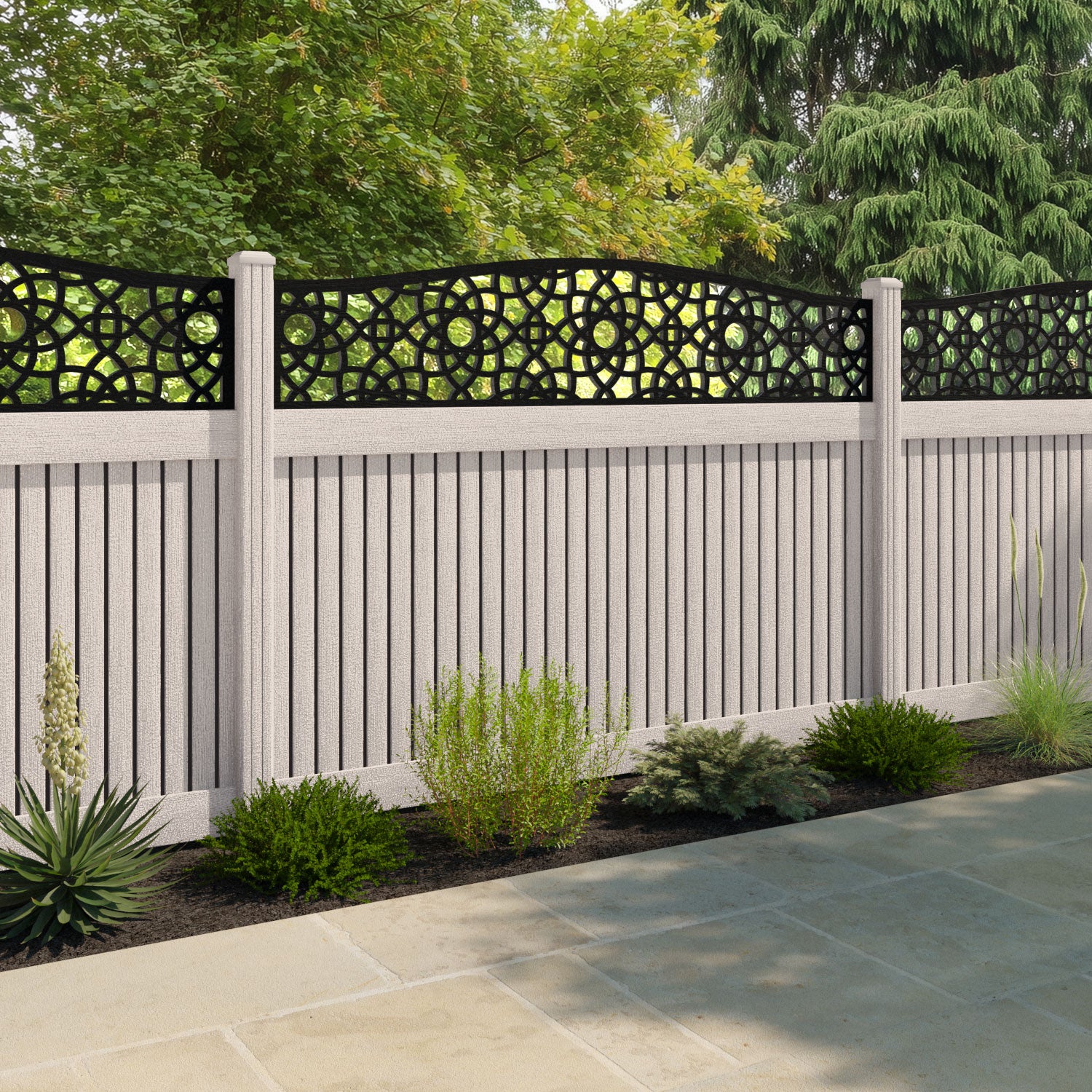 Virtis Ambar Curved Top Fence Panel - Mid Stone - with our composite posts