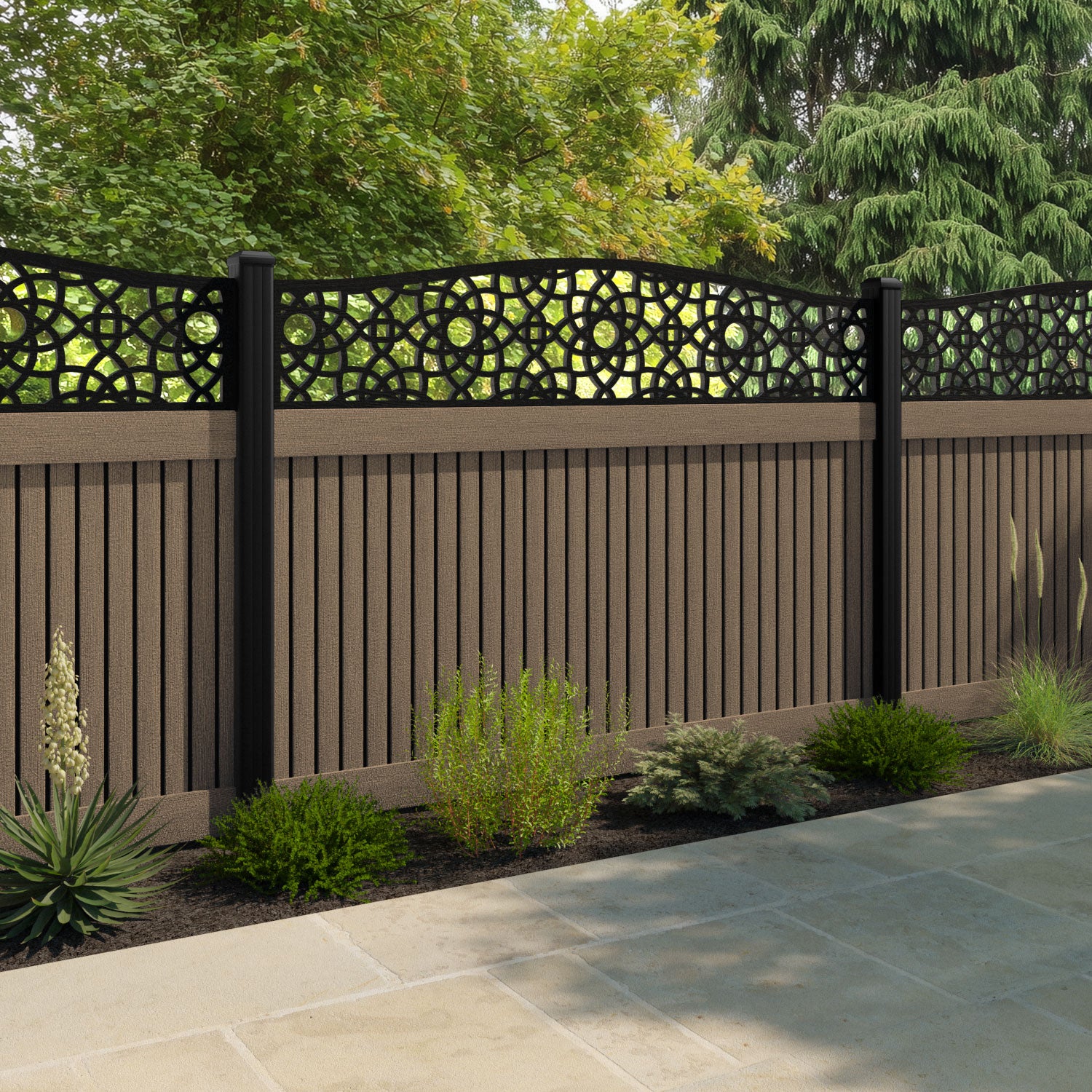 Virtis Ambar Curved Top Fence Panel - Teak - with our aluminium posts