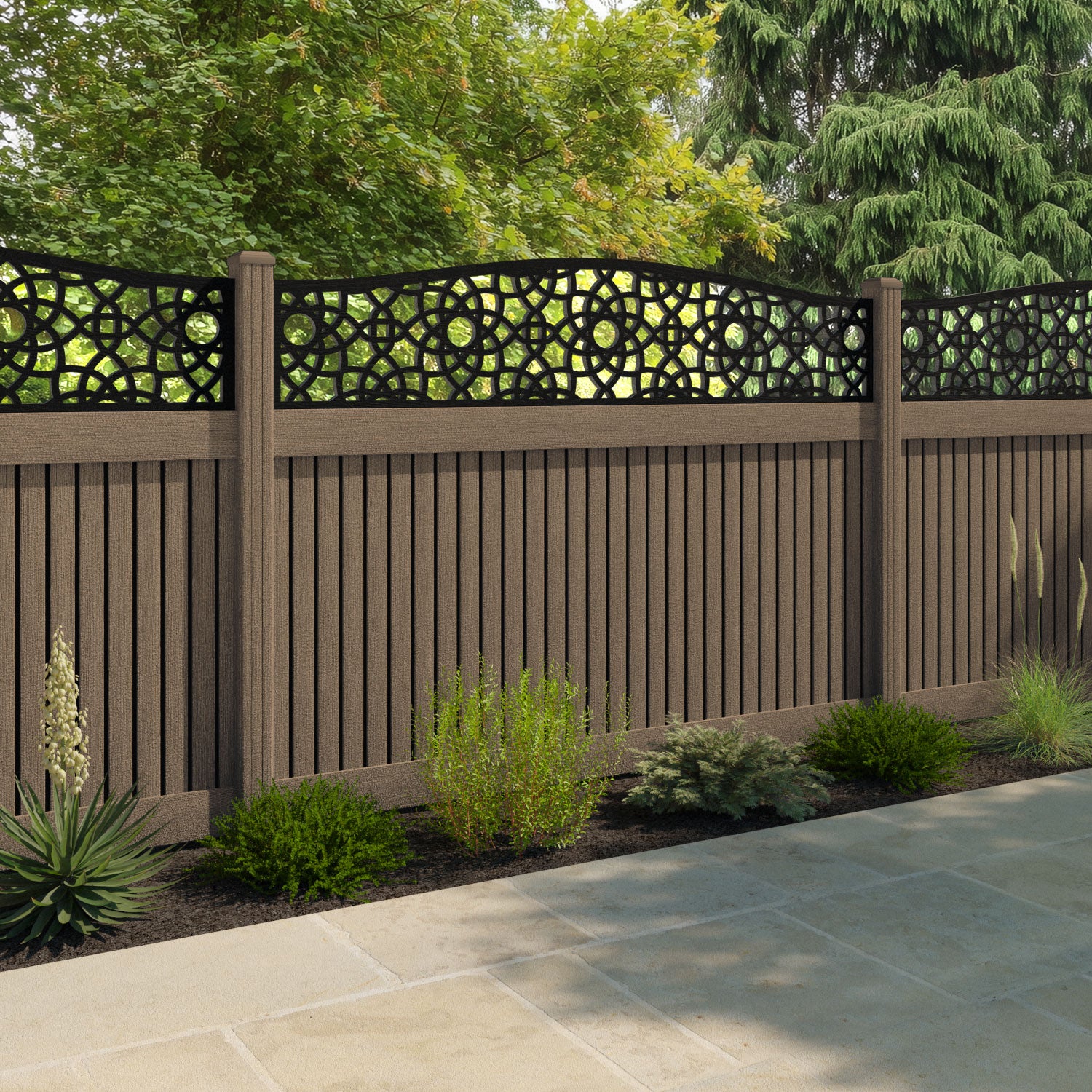 Virtis Ambar Curved Top Fence Panel - Teak - with our composite posts