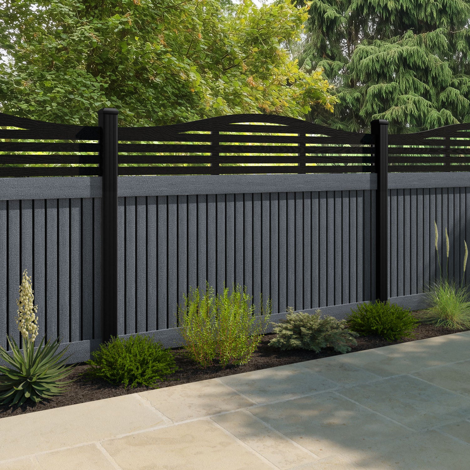 Virtis Aspen Curved Top Fence Panel - Anthracite - with our aluminium posts