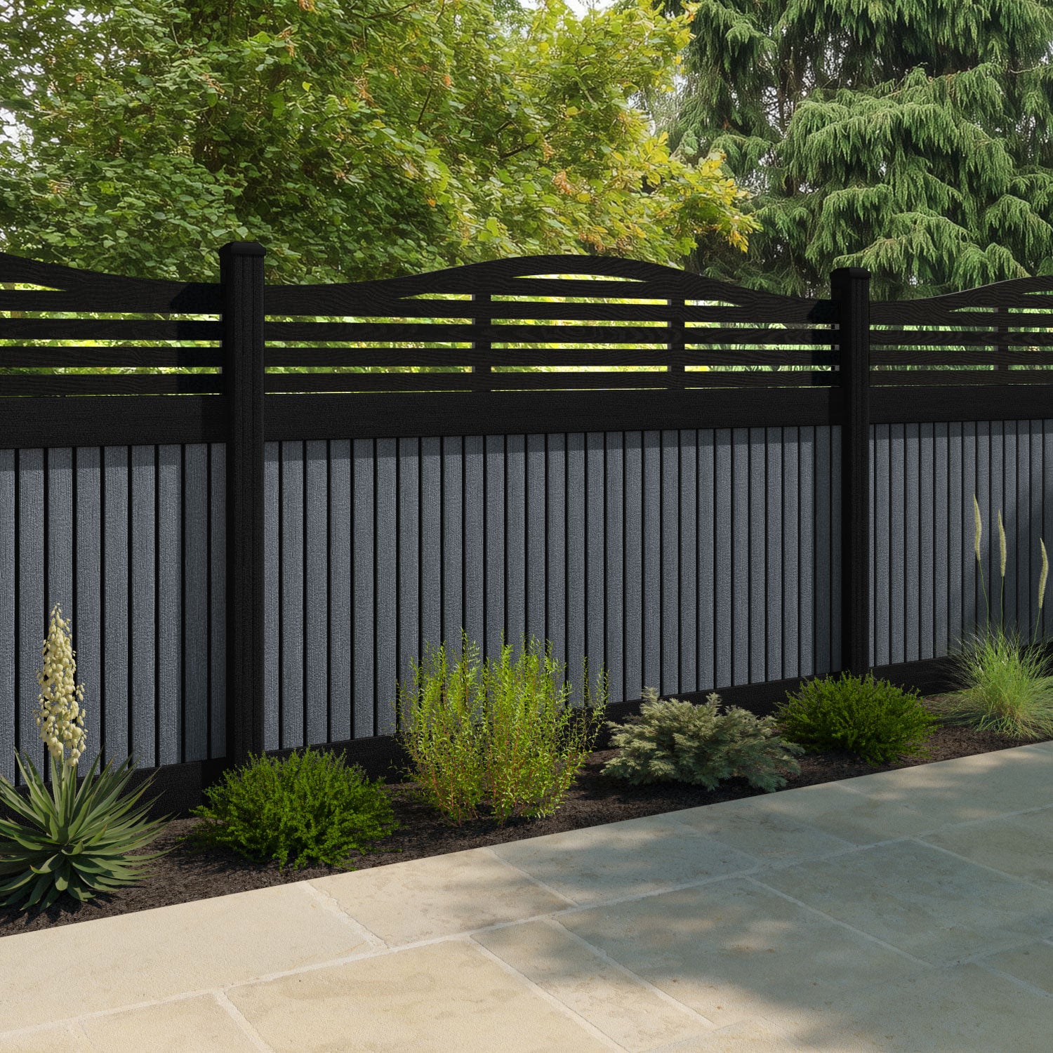 Virtis Aspen Curved Top Fence Panel - Anthracite - with our aluminium posts
