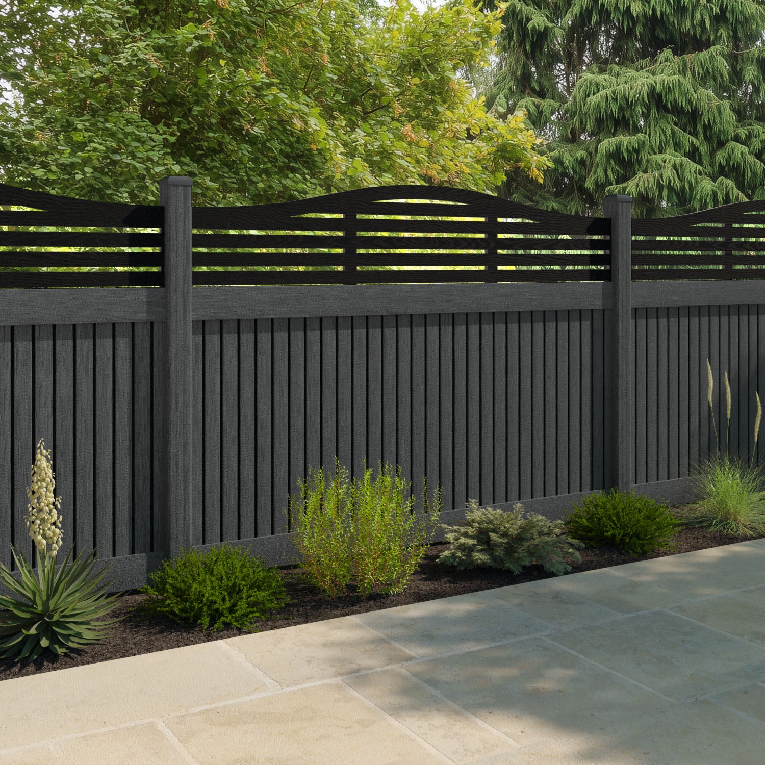 Virtis Aspen Curved Top Fence Panel - Dark Grey - with our composite posts