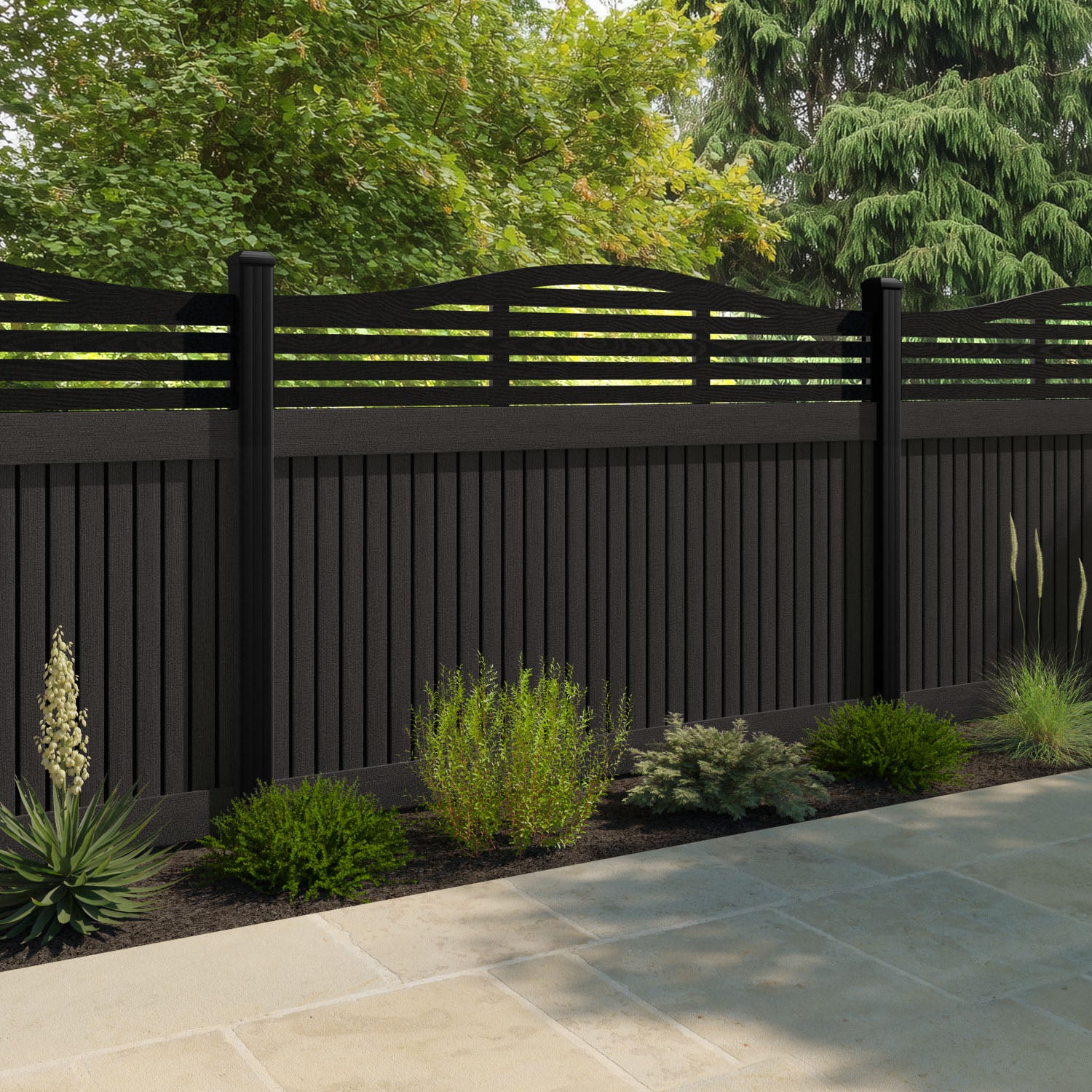 Virtis Aspen Curved Top Fence Panel - Dark Oak - with our composite posts