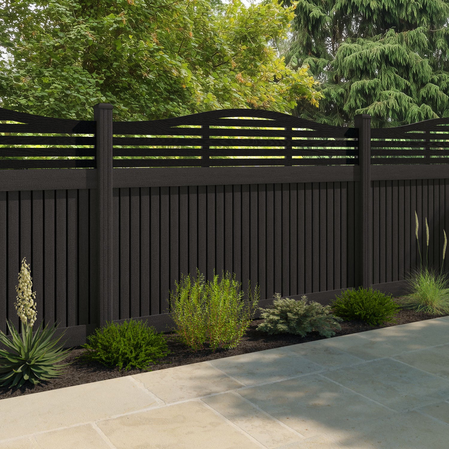 Virtis Aspen Curved Top Fence Panel - Dark Oak - with our composite posts
