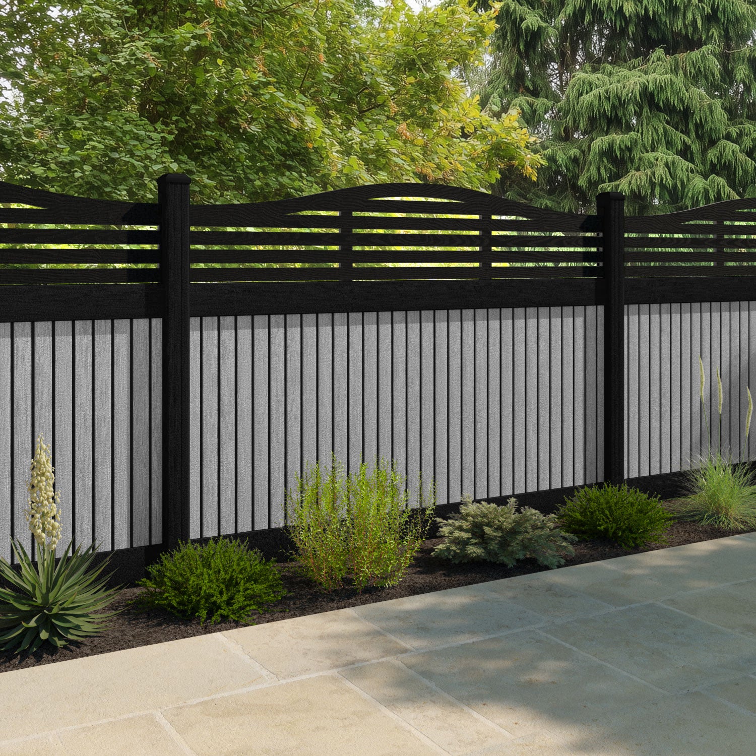 Virtis Aspen Curved Top Fence Panel - Light Grey - with our composite posts