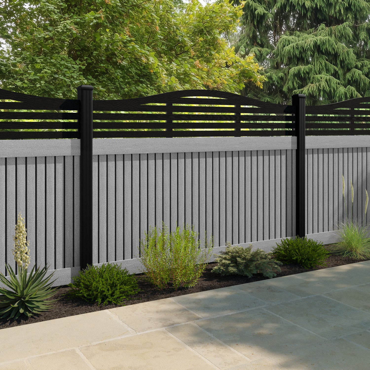 Virtis Aspen Curved Top Fence Panel - Light Grey - with our composite posts