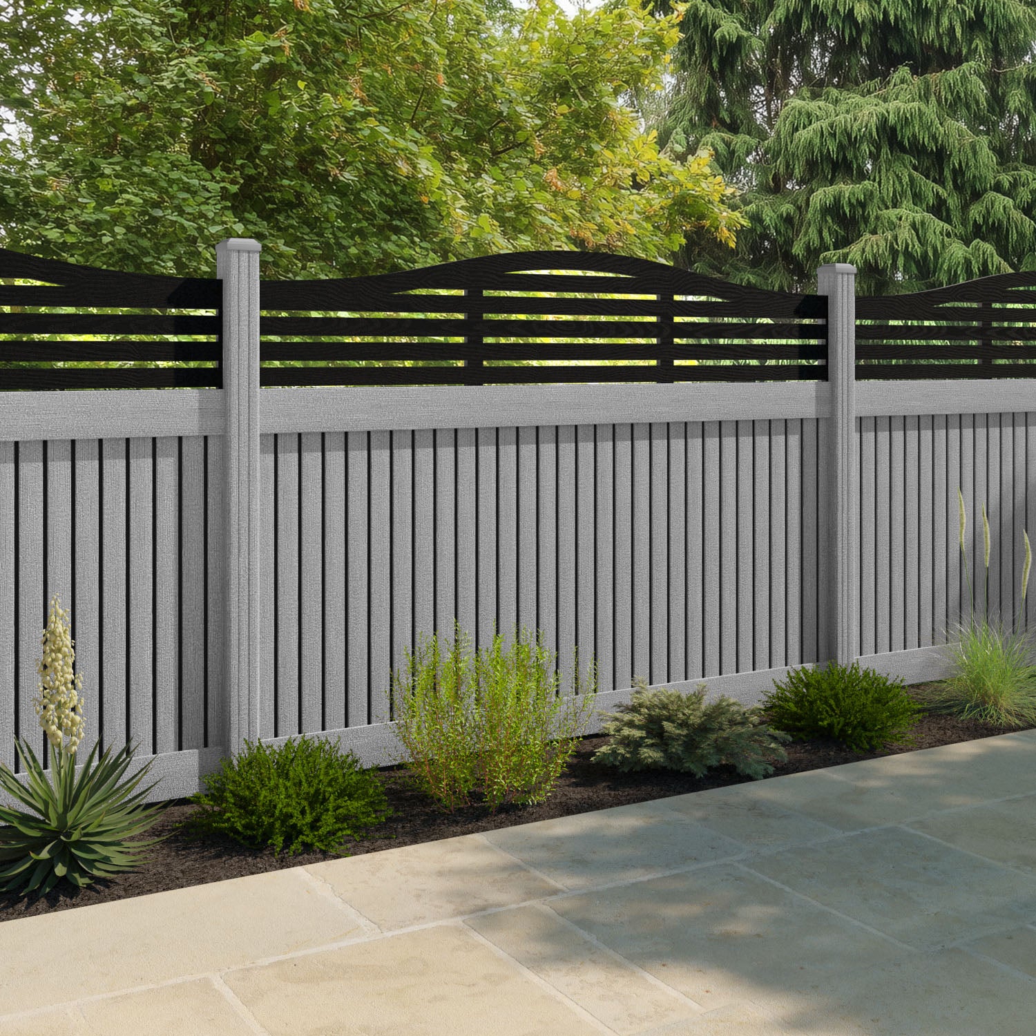 Virtis Aspen Curved Top Fence Panel - Light Grey - with our composite posts
