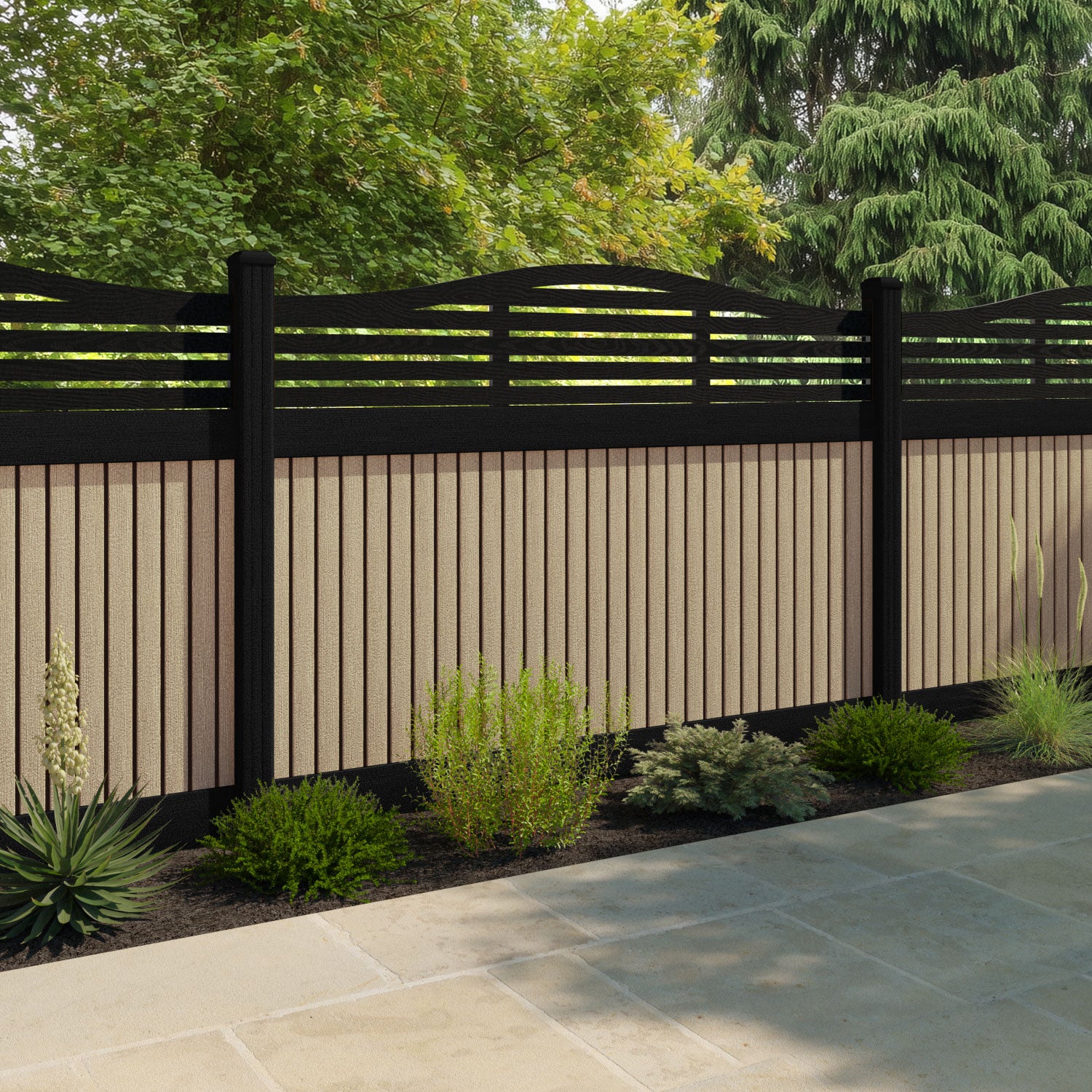 Virtis Aspen Curved Top Fence Panel - Light Oak - with our aluminium posts