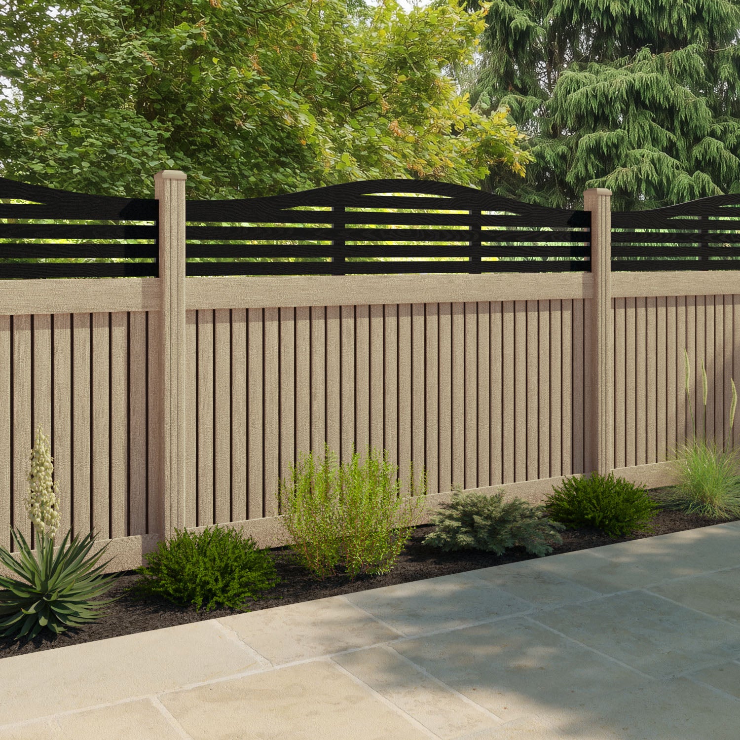 Virtis Aspen Curved Top Fence Panel - Light Oak - with our composite posts