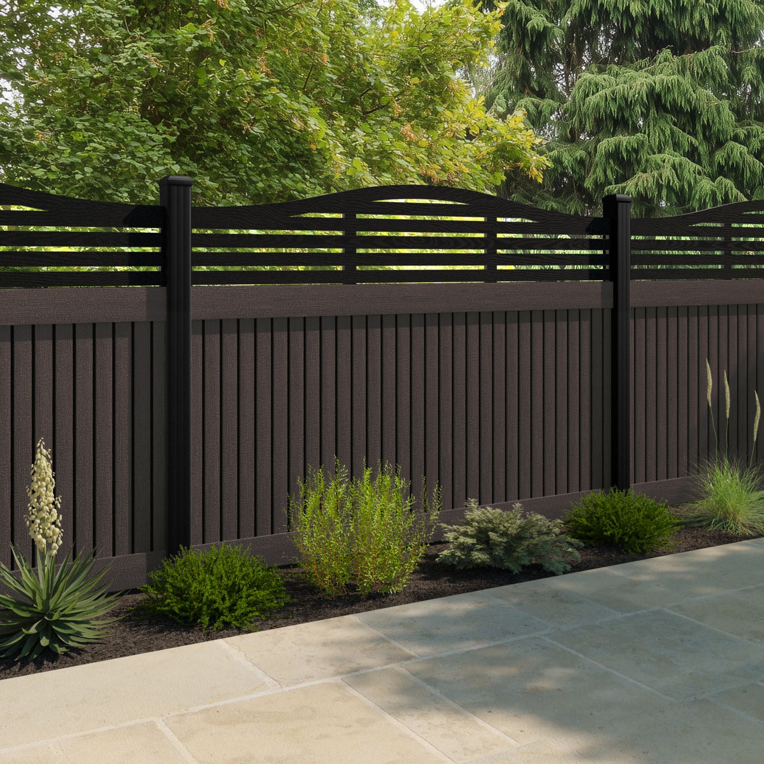 Virtis Aspen Curved Top Fence Panel - Mid Brown - with our composite posts