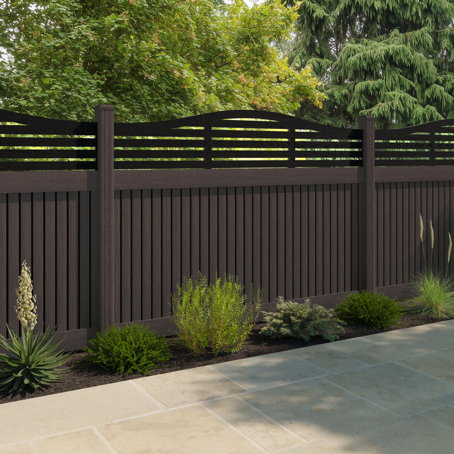 Virtis Aspen Curved Top Fence Panel - Mid Brown - with our composite posts