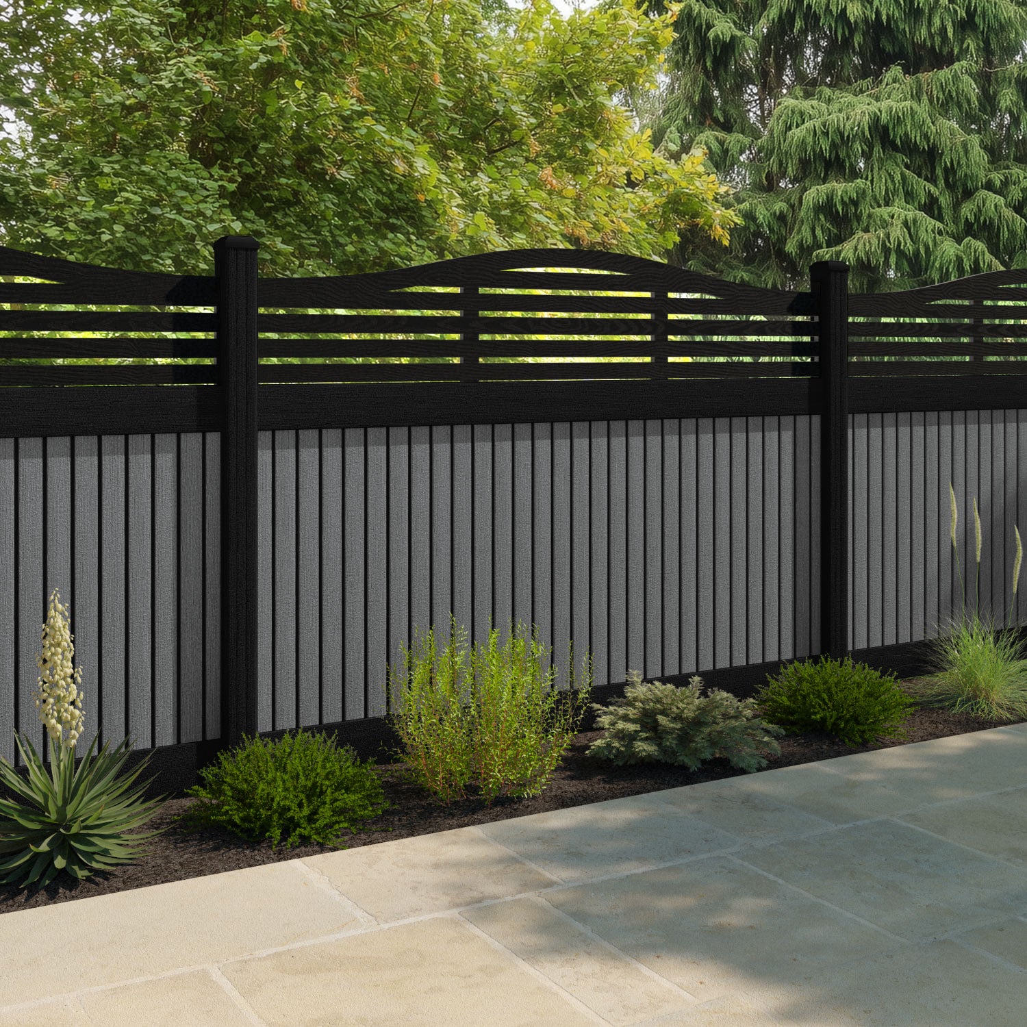 Virtis Aspen Curved Top Fence Panel - Mid Grey - with our composite posts