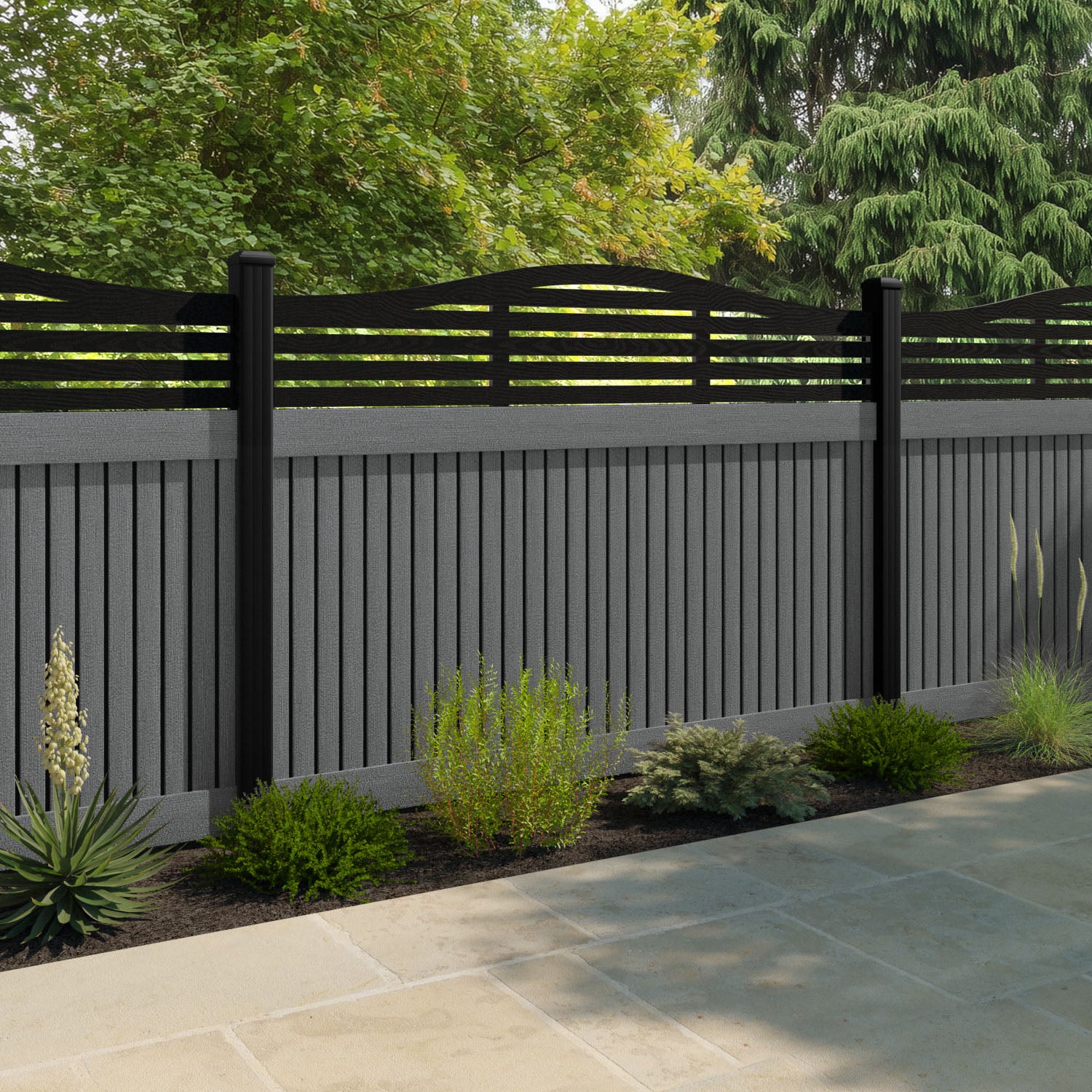 Virtis Aspen Curved Top Fence Panel - Mid Grey - with our composite posts