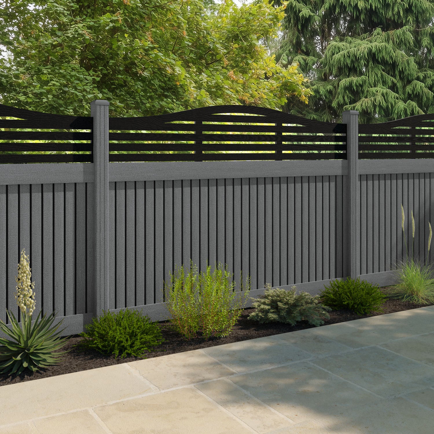 Virtis Aspen Curved Top Fence Panel - Mid Grey - with our composite posts