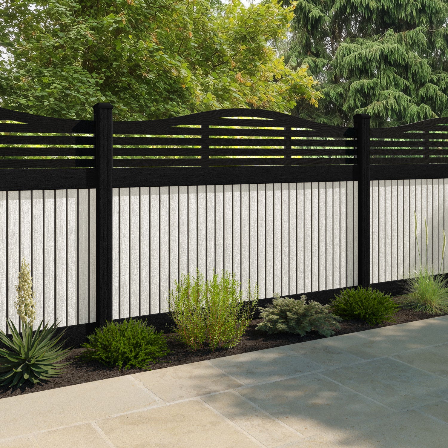 Virtis Aspen Curved Top Fence Panel - Light Stone - with our composite posts