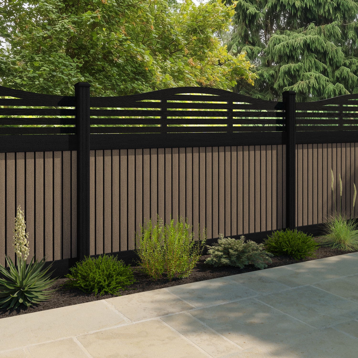 Virtis Aspen Curved Top Fence Panel - Teak - with our composite posts