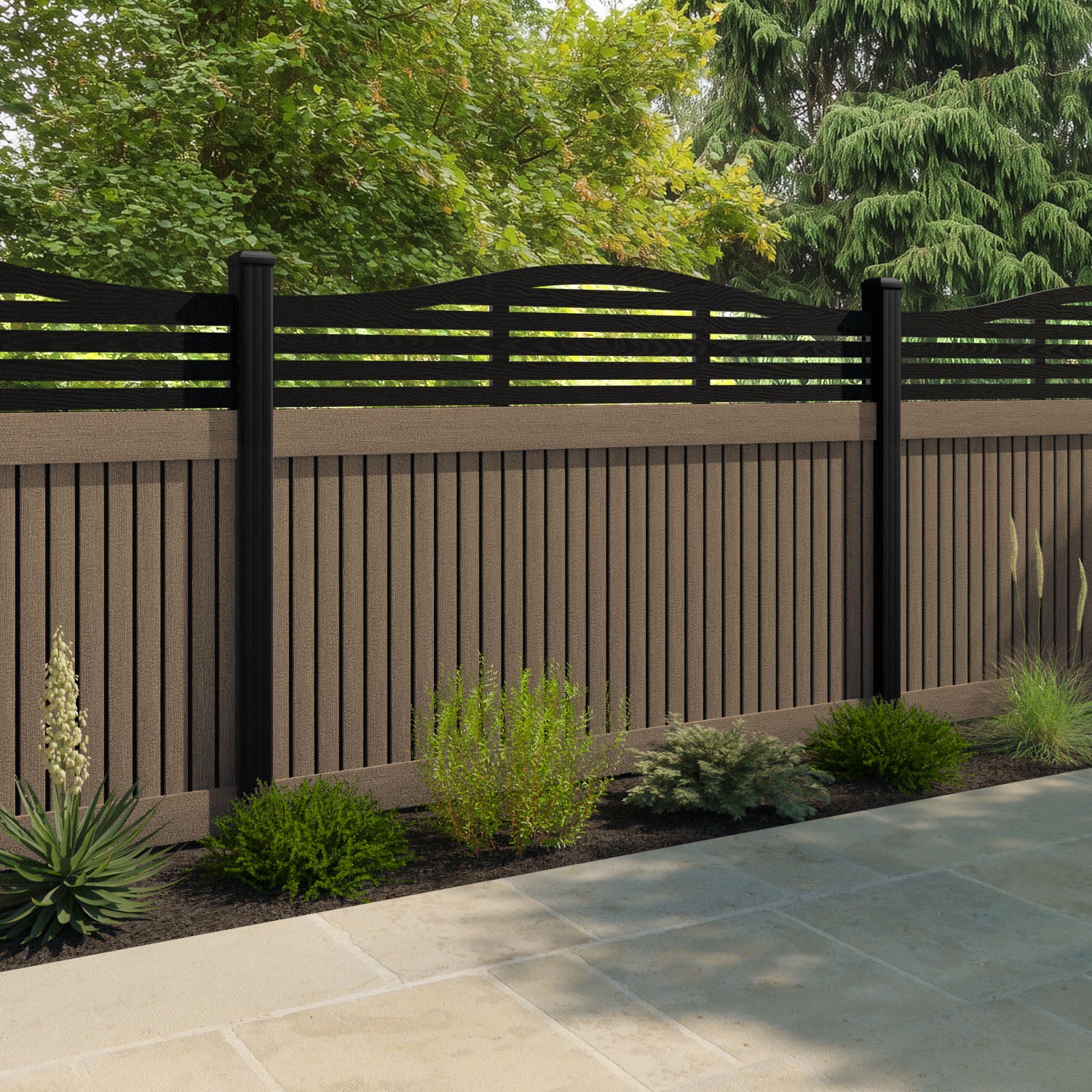 Virtis Aspen Curved Top Fence Panel - Teak - with our aluminium posts