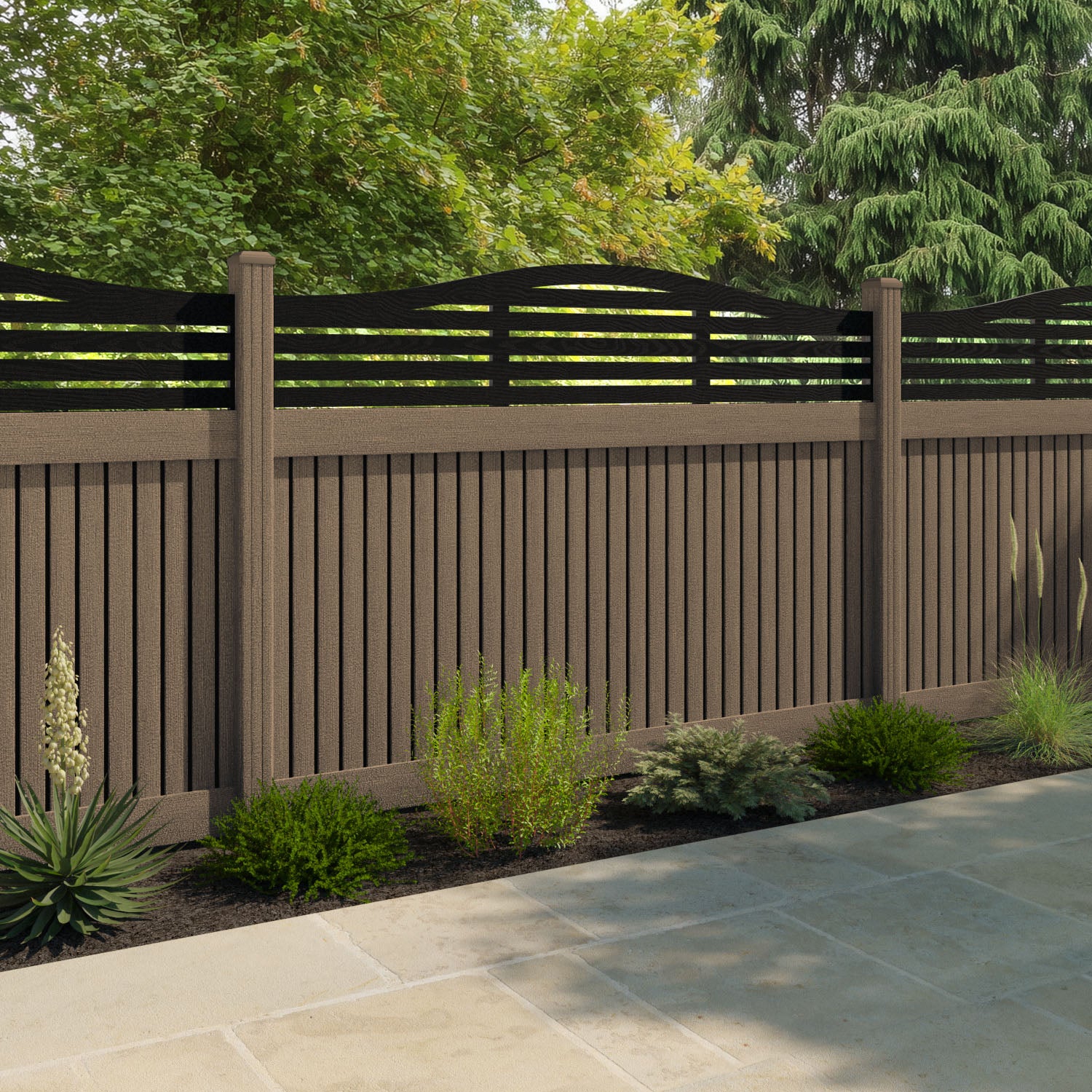 Virtis Aspen Curved Top Fence Panel - Teak - with our composite posts