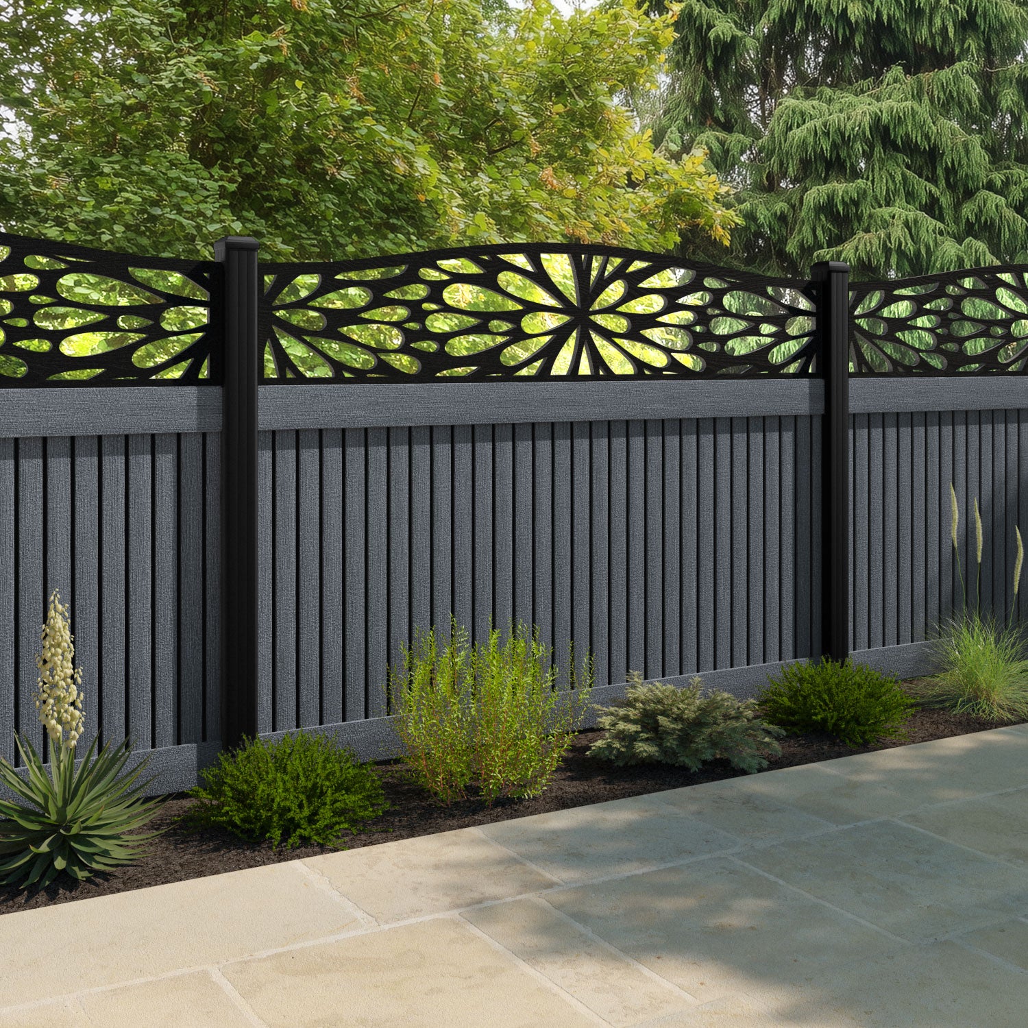 Virtis Blossom Curved Top Fence Panel - Anthracite - with our aluminium posts