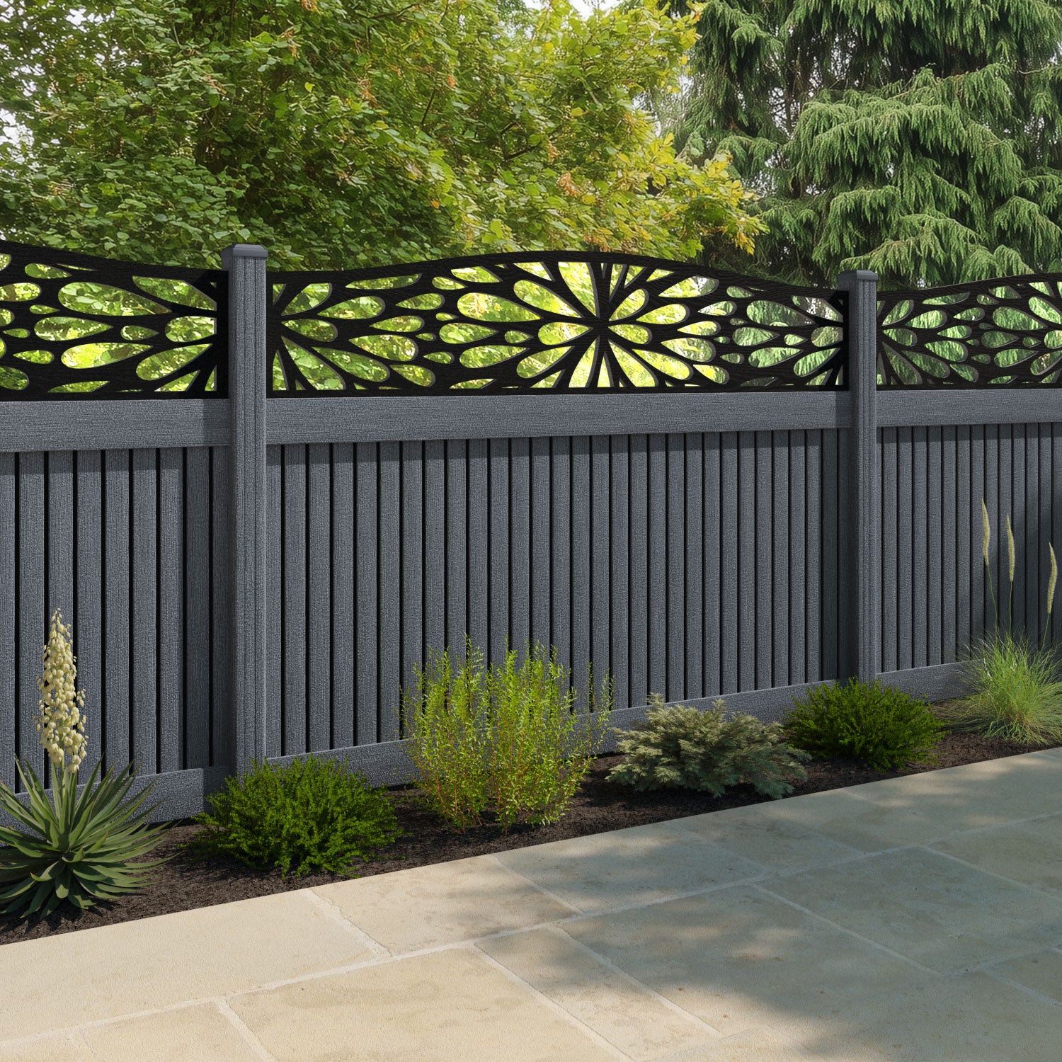 Virtis Blossom Curved Top Fence Panel - Anthracite - with our composite posts