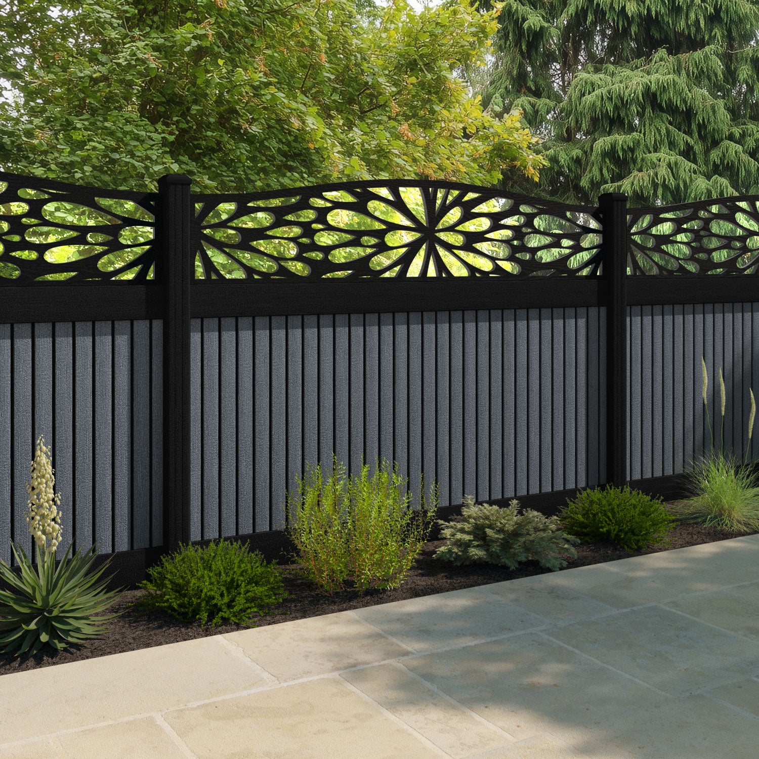 Virtis Blossom Curved Top Fence Panel - Anthracite - with our aluminium posts