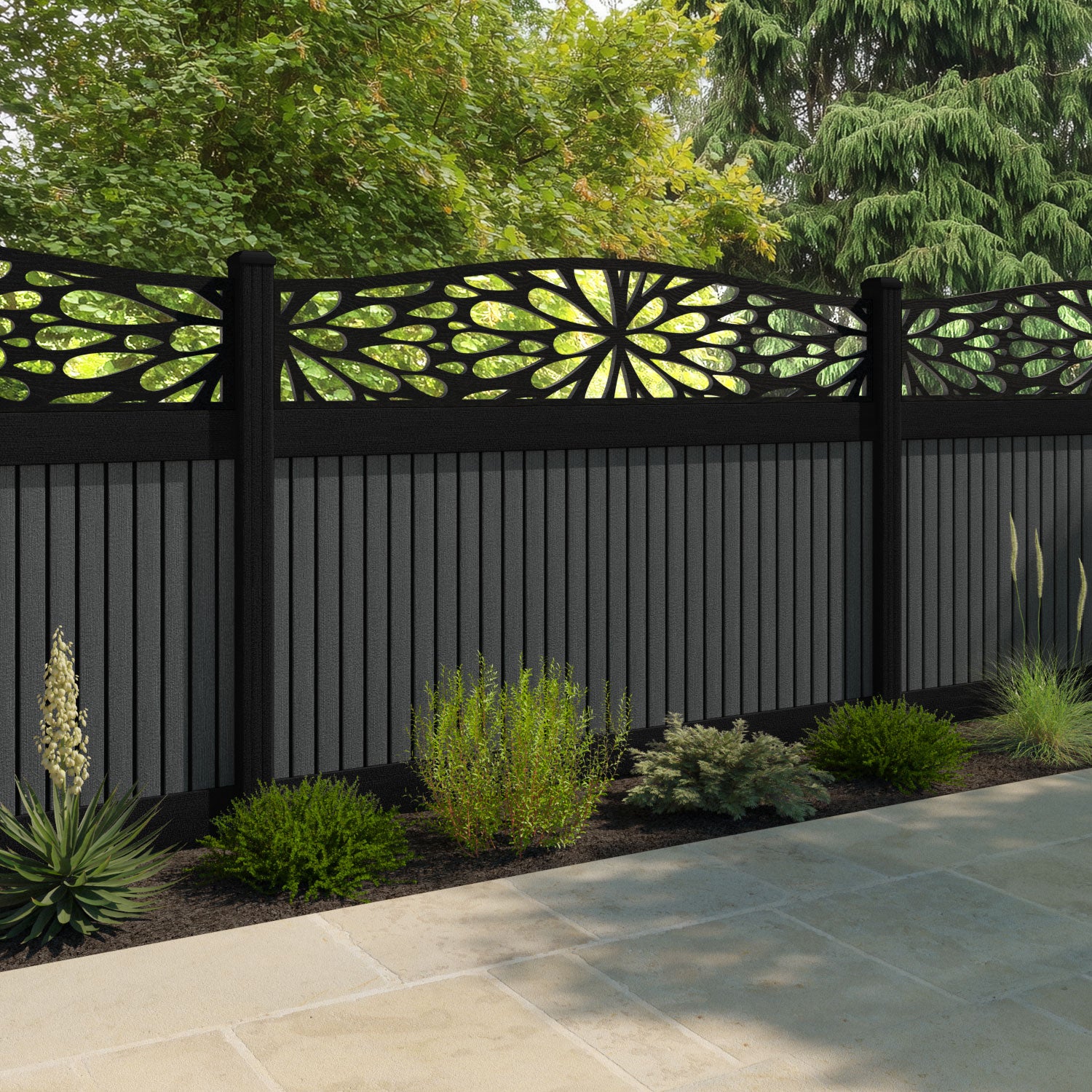 Virtis Blossom Curved Top Fence Panel - Dark Grey - with our aluminium posts