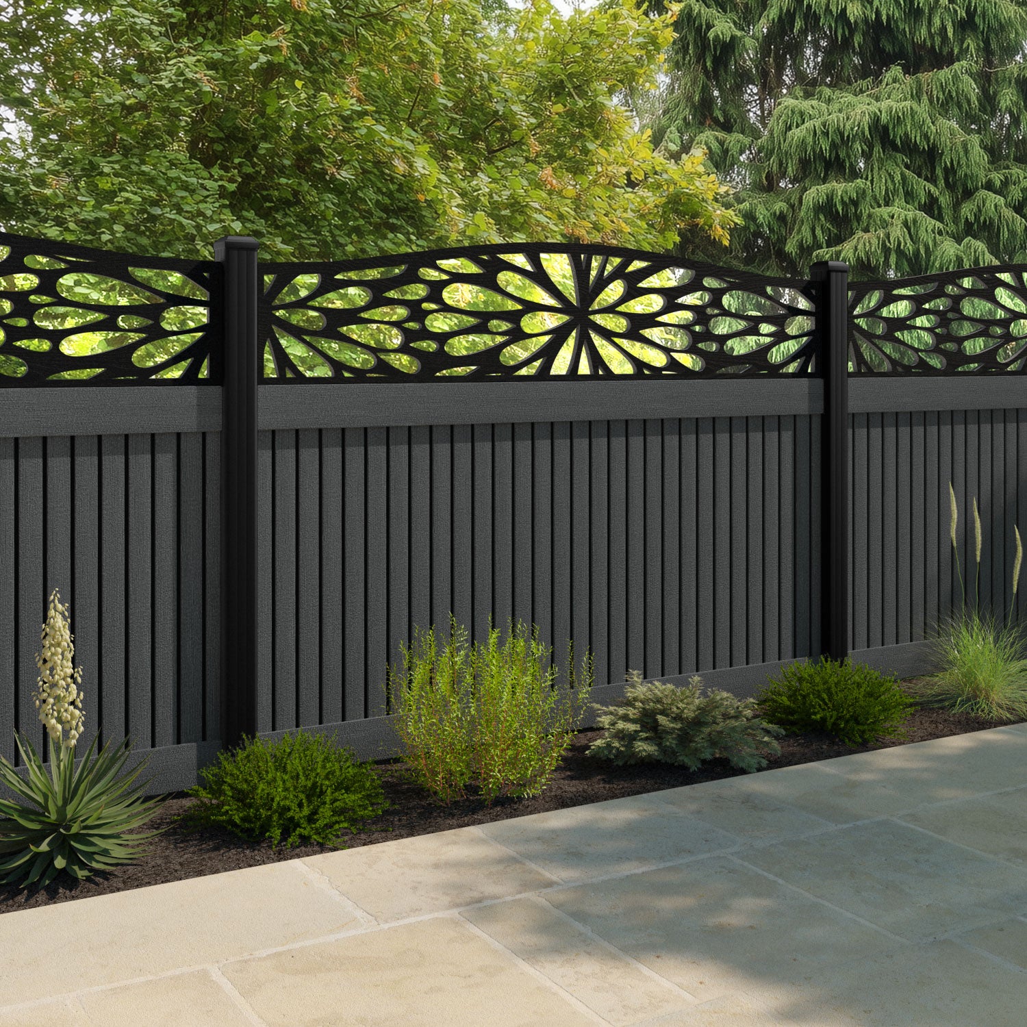 Virtis Blossom Curved Top Fence Panel - Dark Grey - with our aluminium posts