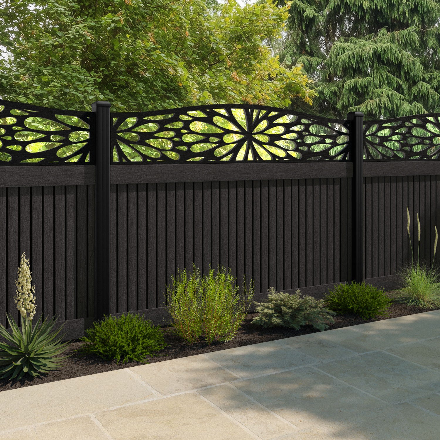 Virtis Blossom Curved Top Fence Panel - Dark Oak - with our aluminium posts