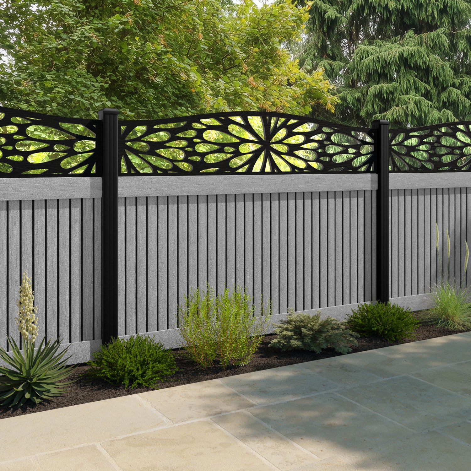 Virtis Blossom Curved Top Fence Panel - Light Grey - with our aluminium posts