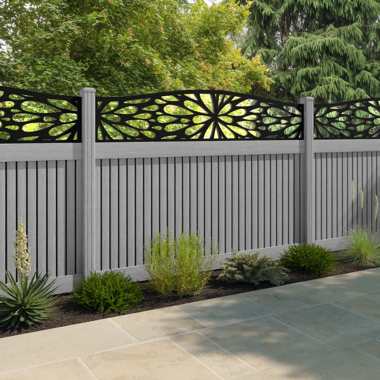 Virtis Blossom Curved Top Fence Panel - Light Grey - with our composite posts