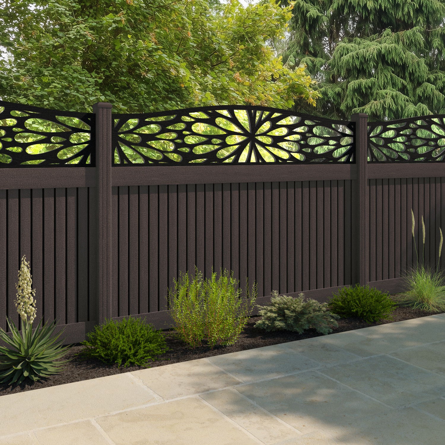 Virtis Blossom Curved Top Fence Panel - Mid Brown - with our composite posts