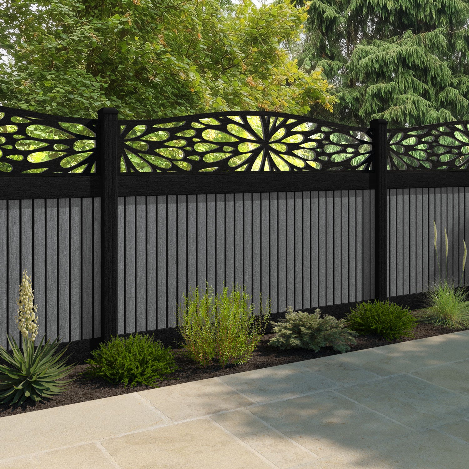 Virtis Blossom Curved Top Fence Panel - Mid Grey - with our composite posts