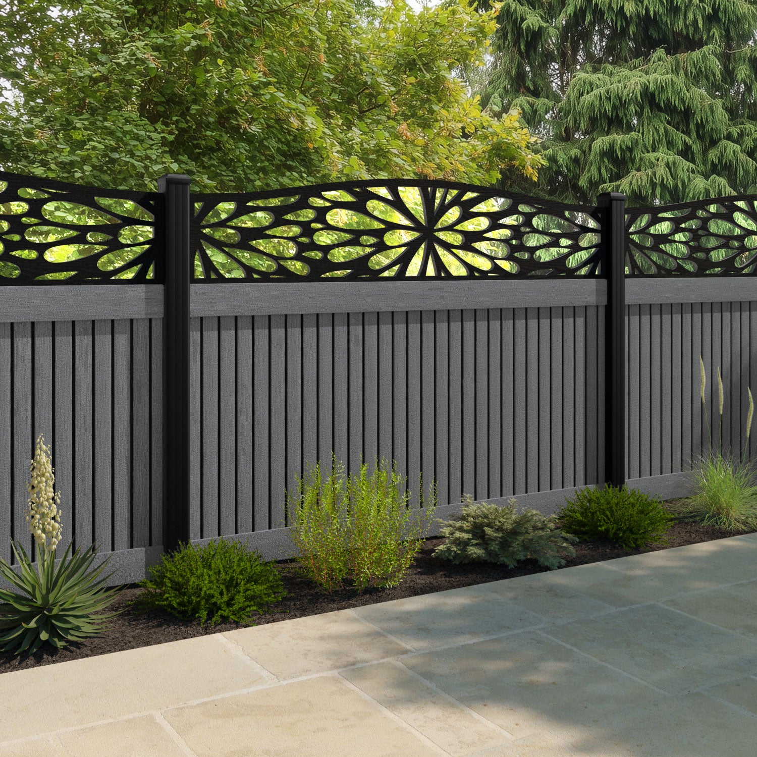 Virtis Blossom Curved Top Fence Panel - Mid Grey - with our composite posts