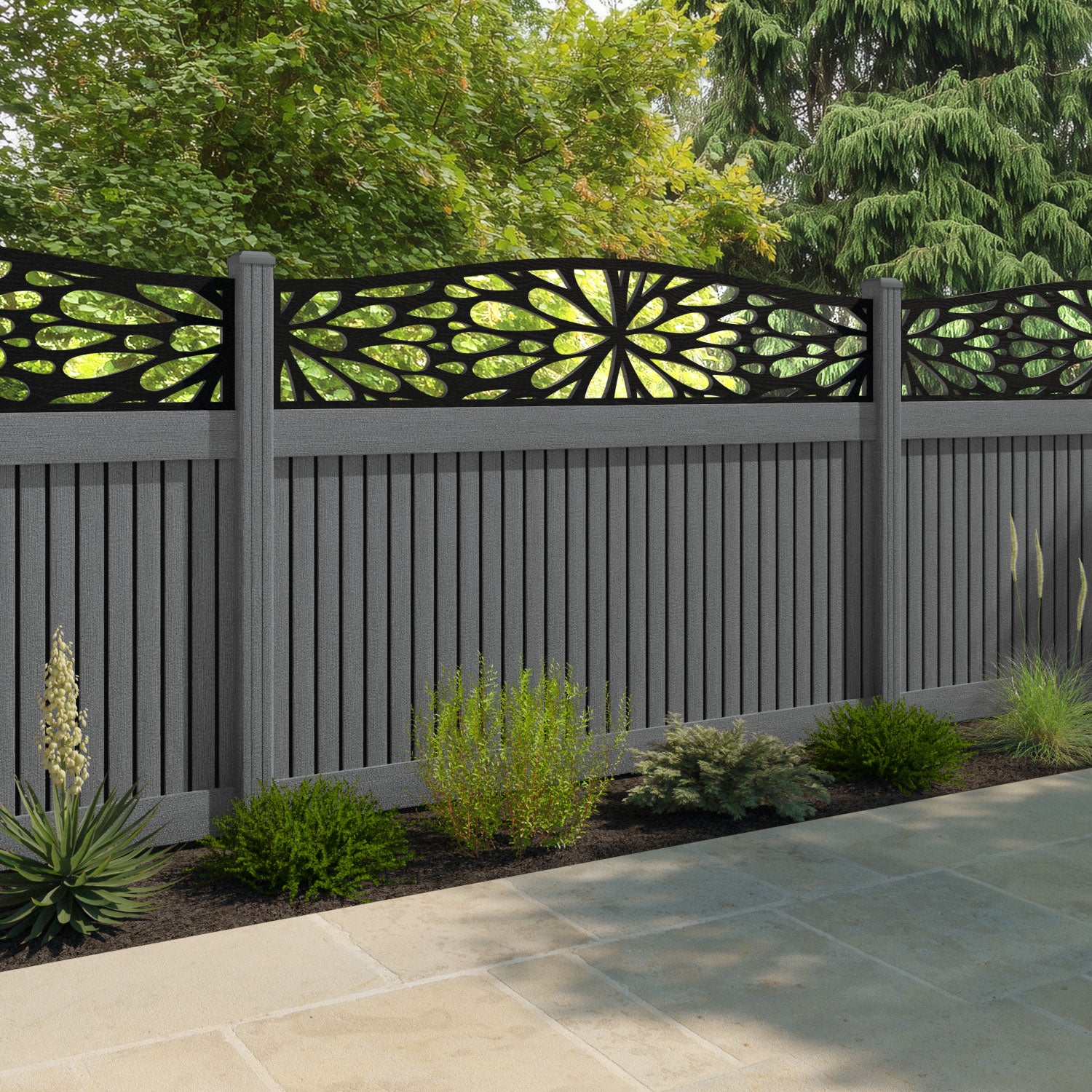 Virtis Blossom Curved Top Fence Panel - Mid Grey - with our composite posts
