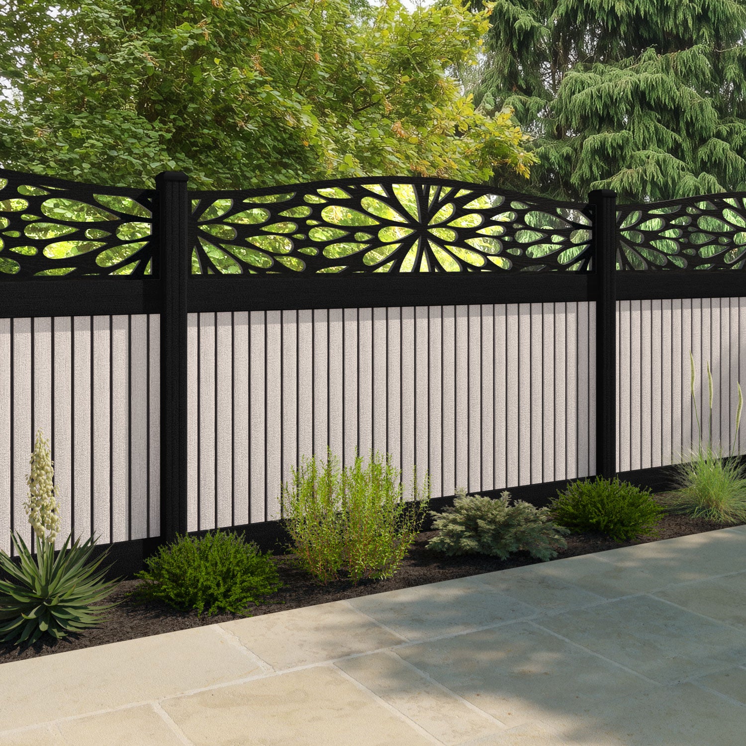Virtis Blossom Curved Top Fence Panel - Mid Stone - with our composite posts