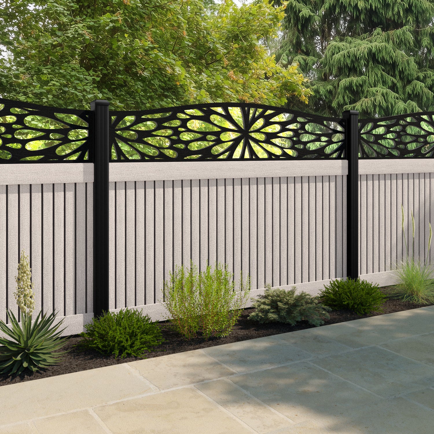 Virtis Blossom Curved Top Fence Panel - Mid Stone - with our aluminium posts