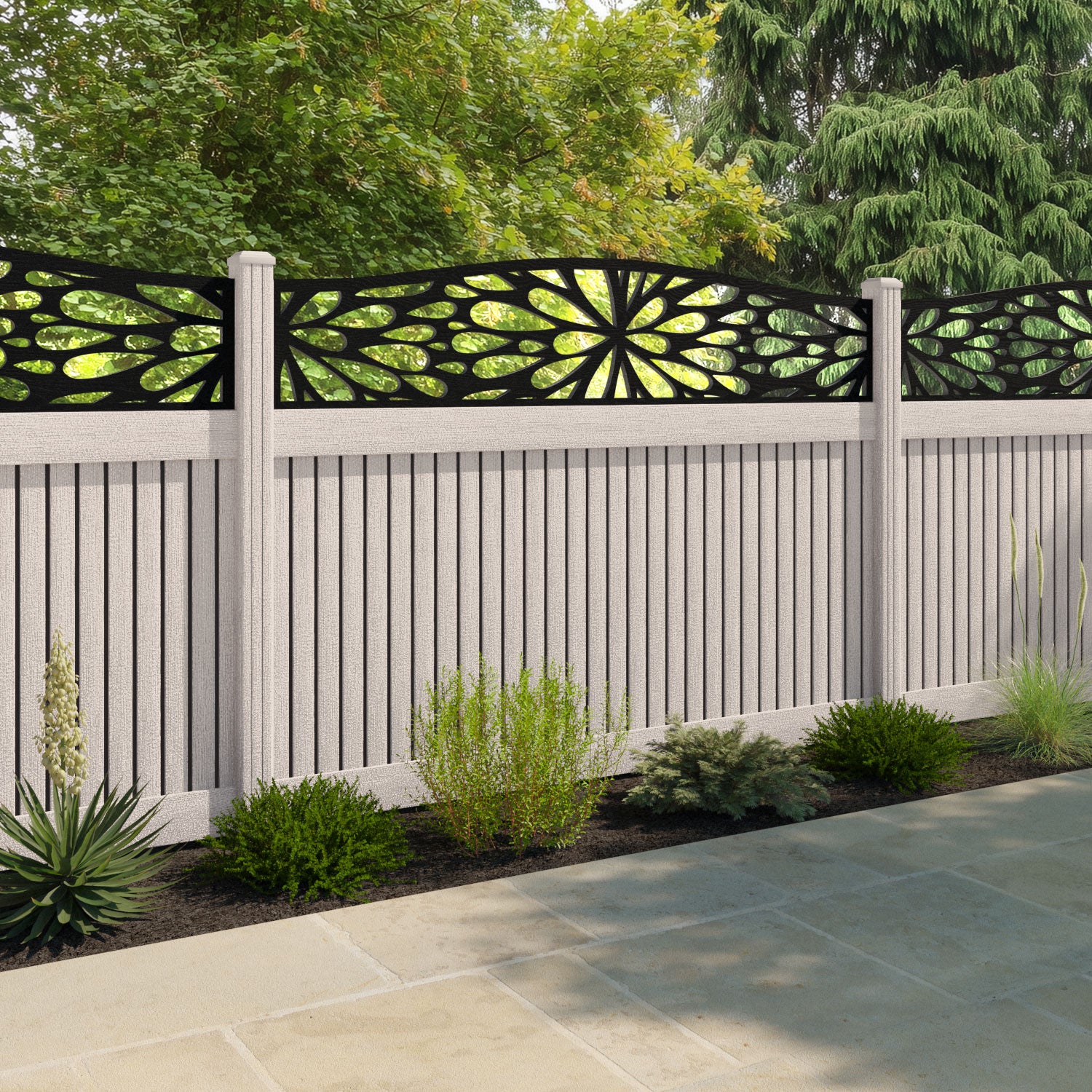 Virtis Blossom Curved Top Fence Panel - Mid Stone - with our composite posts