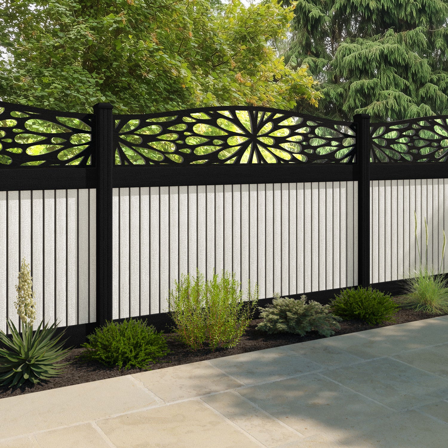 Virtis Blossom Curved Top Fence Panel - Light Stone - with our aluminium posts