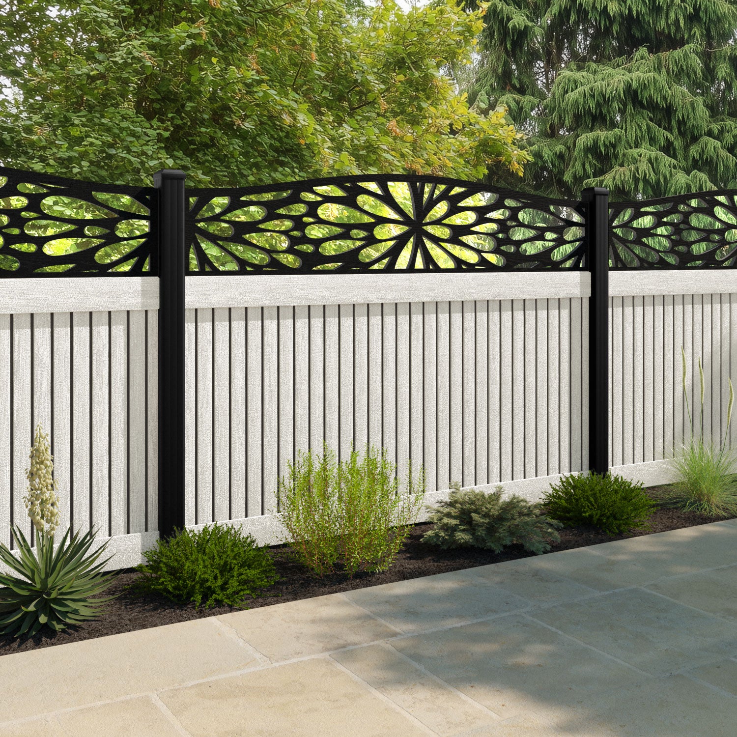 Virtis Blossom Curved Top Fence Panel - Light Stone - with our aluminium posts