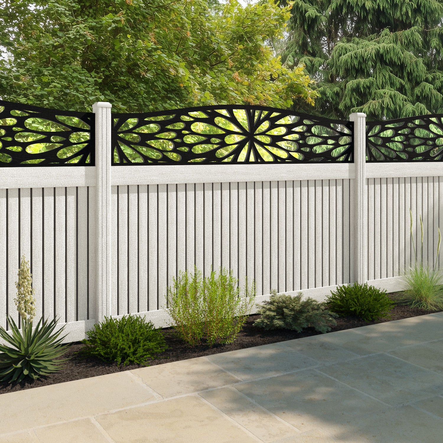Virtis Blossom Curved Top Fence Panel - Light Stone - with our composite posts