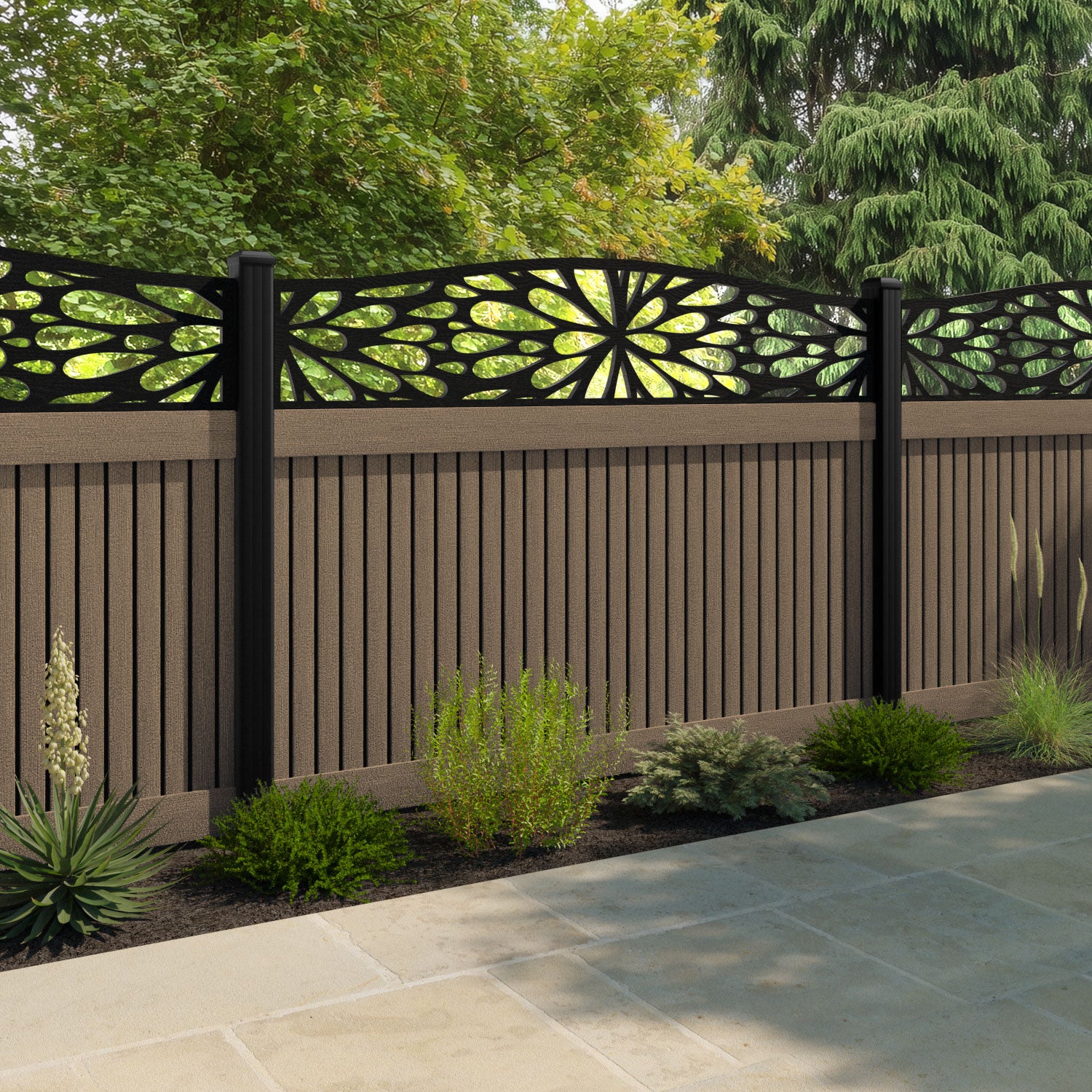 Virtis Blossom Curved Top Fence Panel - Teak - with our composite posts