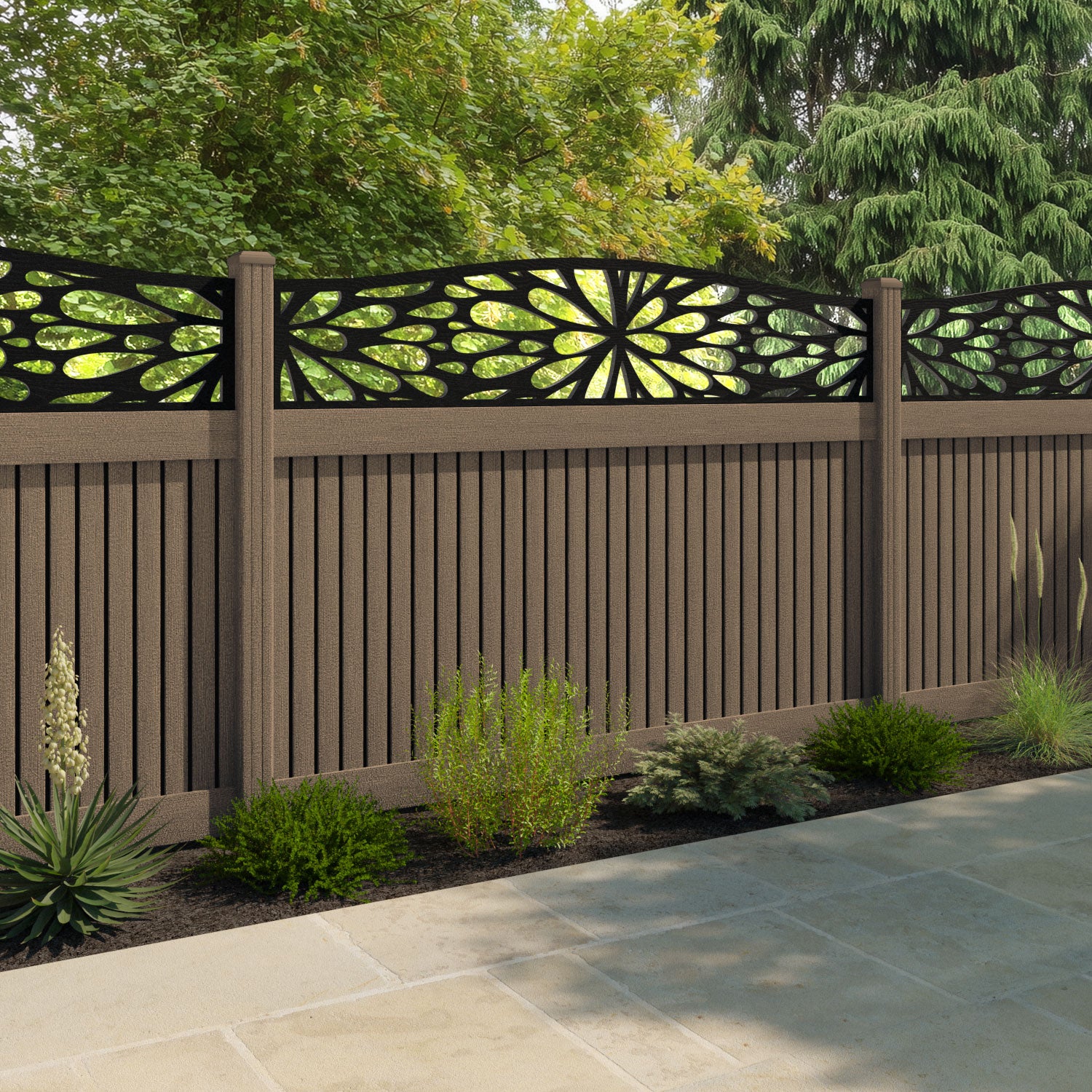 Virtis Blossom Curved Top Fence Panel - Teak - with our composite posts