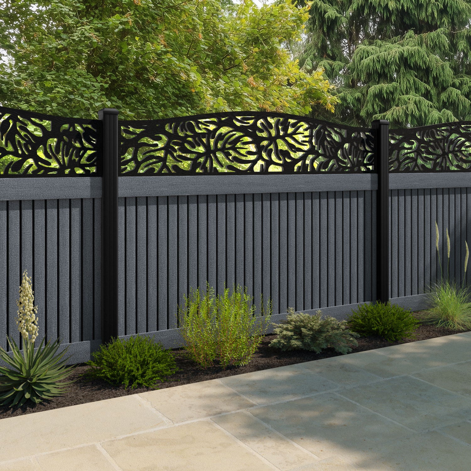 Virtis Botanic Curved Top Fence Panel - Anthracite - with our aluminium posts