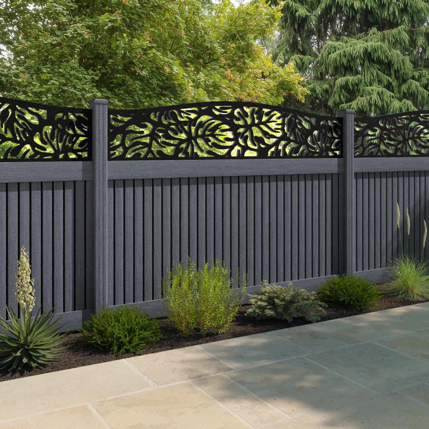 Virtis Botanic Curved Top Fence Panel - Anthracite - with our composite posts