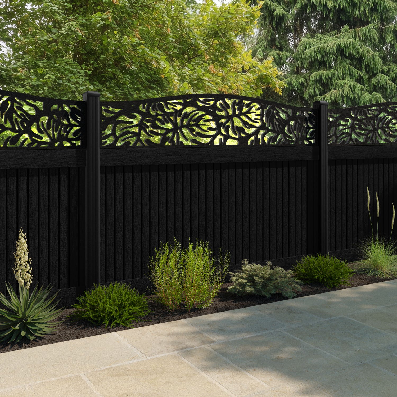 Virtis Botanic Curved Top Fence Panel - Black - with our aluminium posts