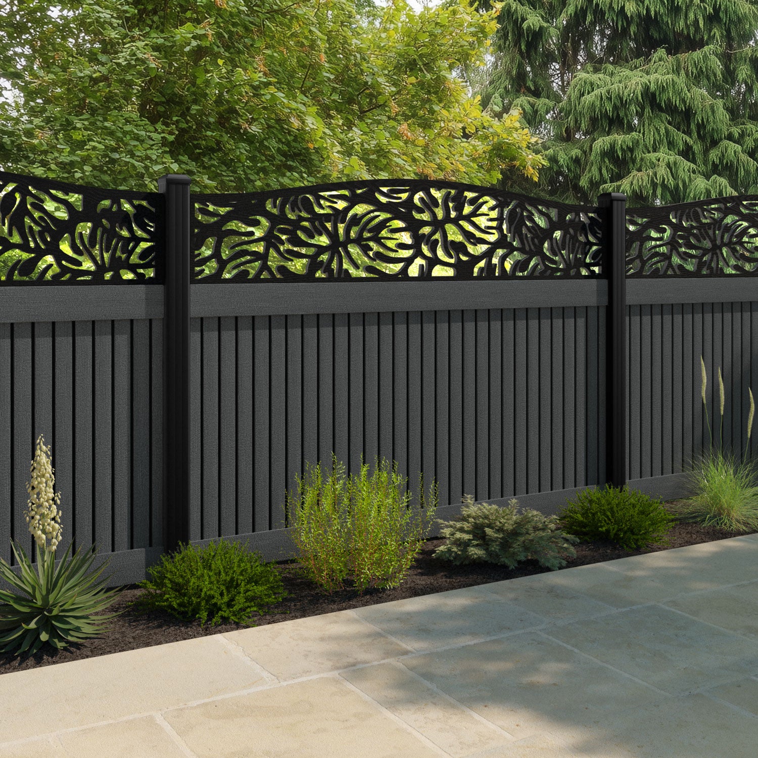 Virtis Botanic Curved Top Fence Panel - Dark Grey - with our composite posts