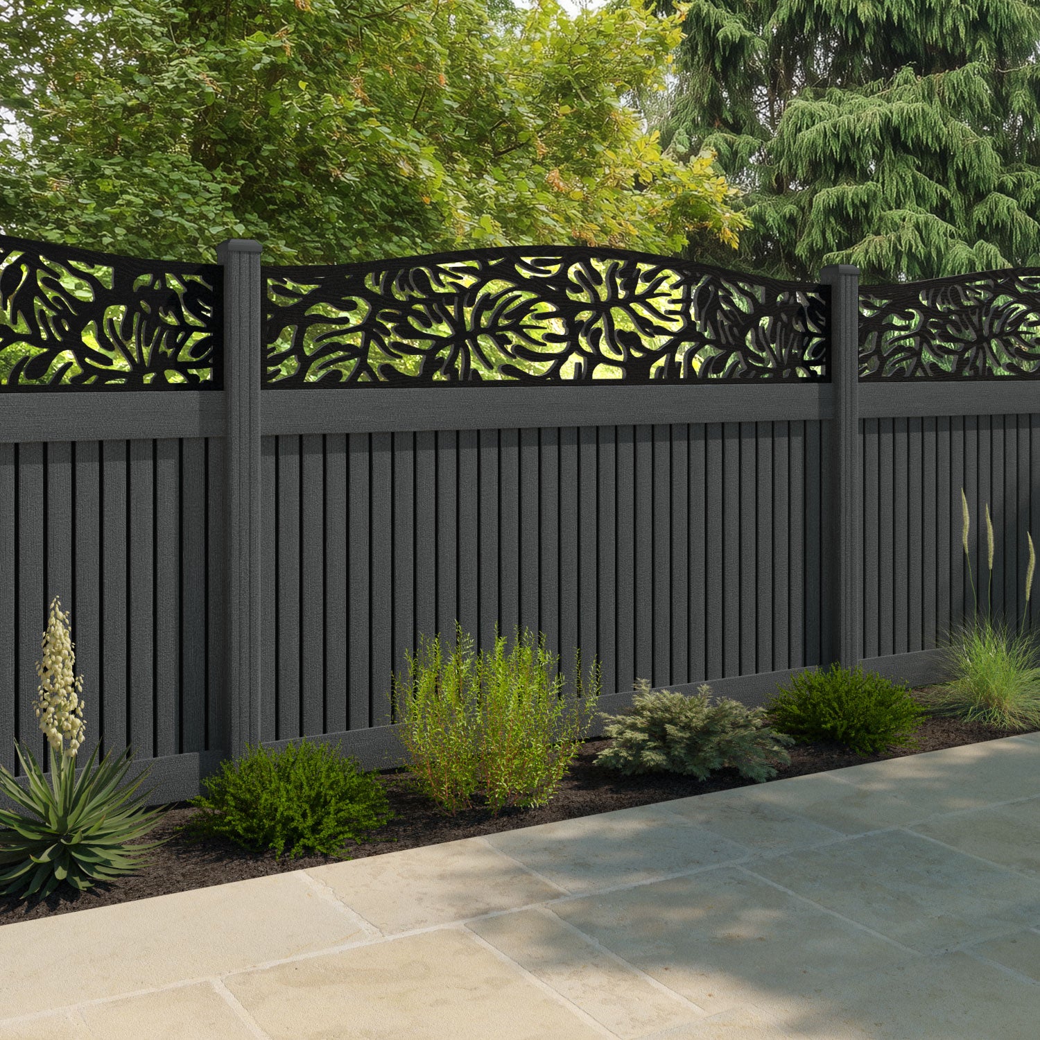 Virtis Botanic Curved Top Fence Panel - Dark Grey - with our composite posts
