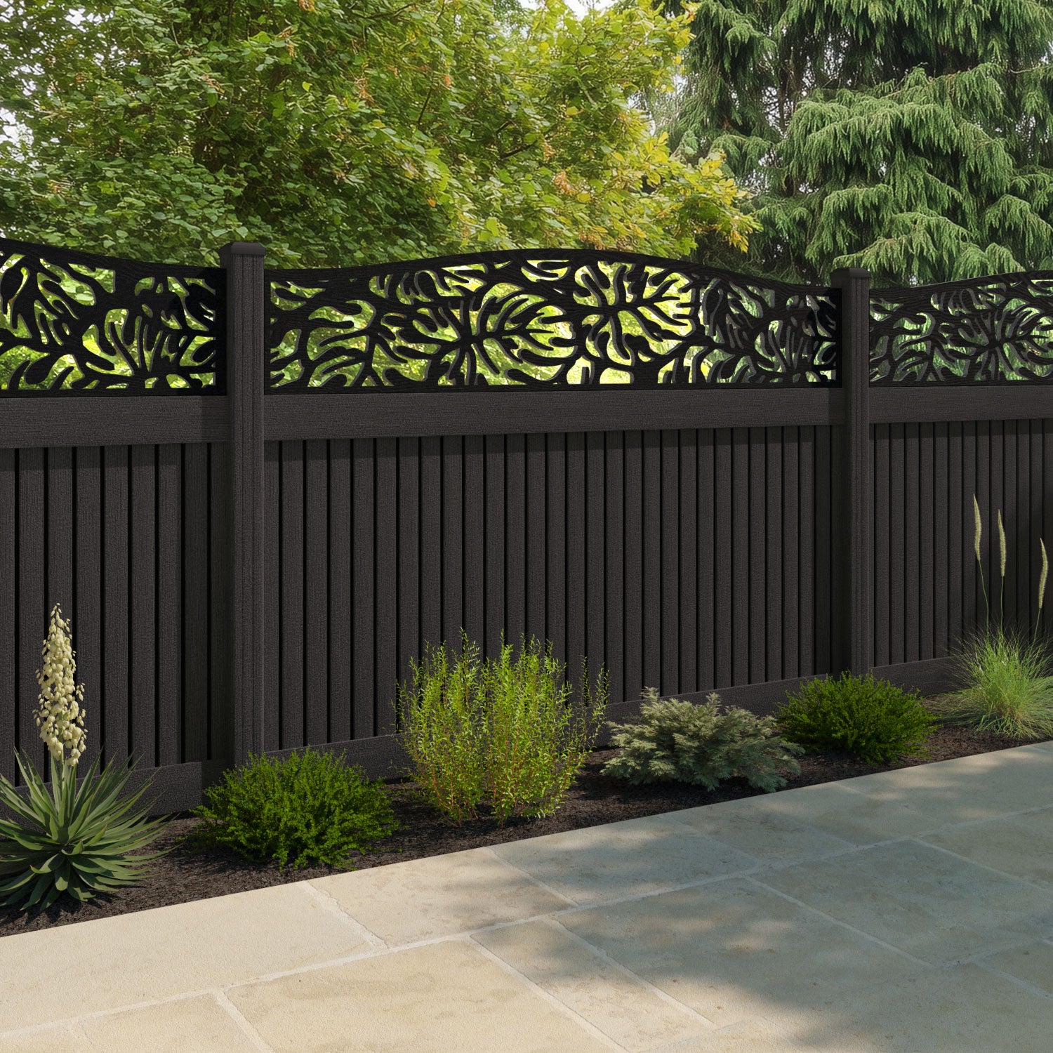 Virtis Botanic Curved Top Fence Panel - Dark Oak - with our composite posts
